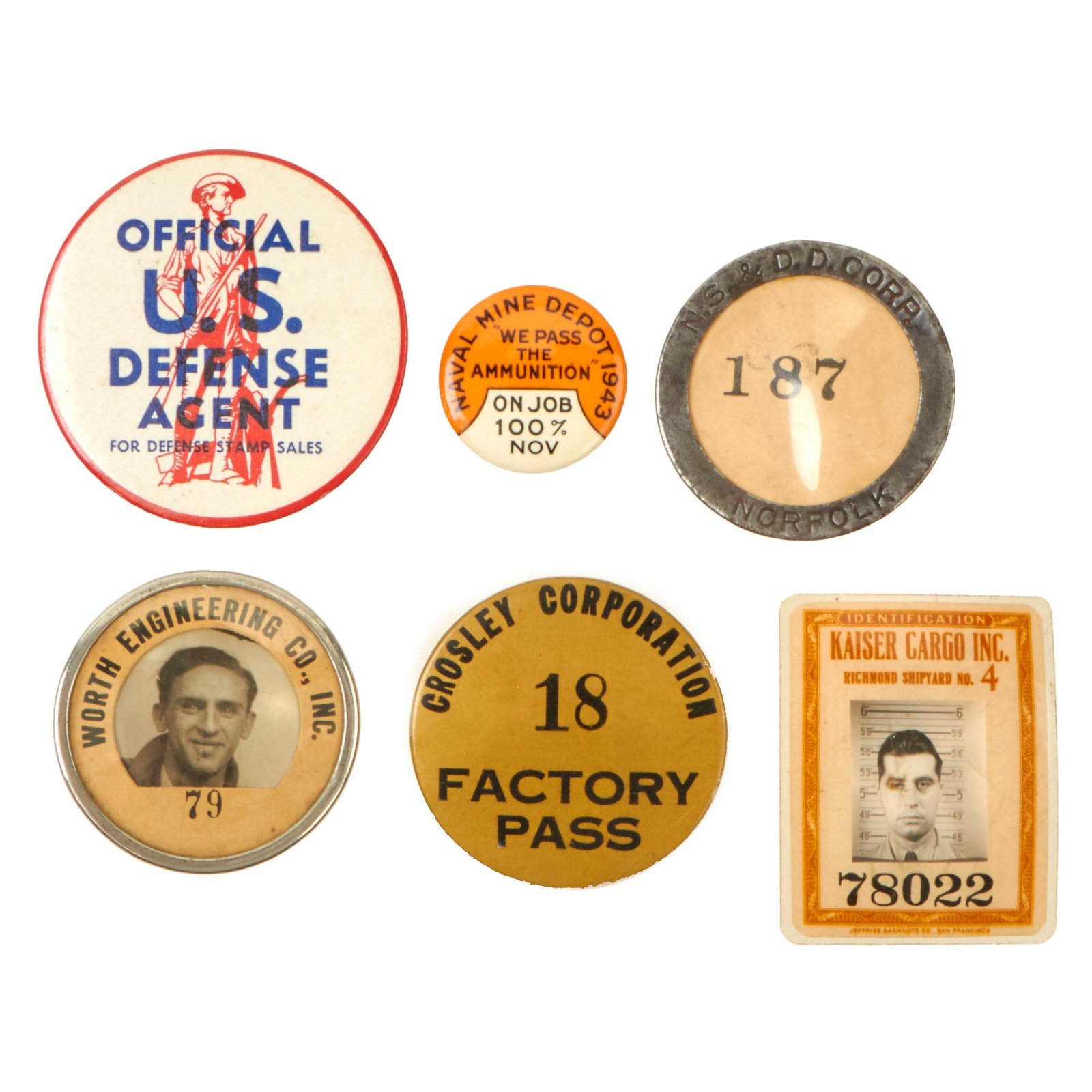 Buy Original U.S. WWII Homefront US War Industry Worker Identification Badge Lot Featuring Crosley Corporation Factory Pass - (6) Badges | Original Firearms Antique For Sale