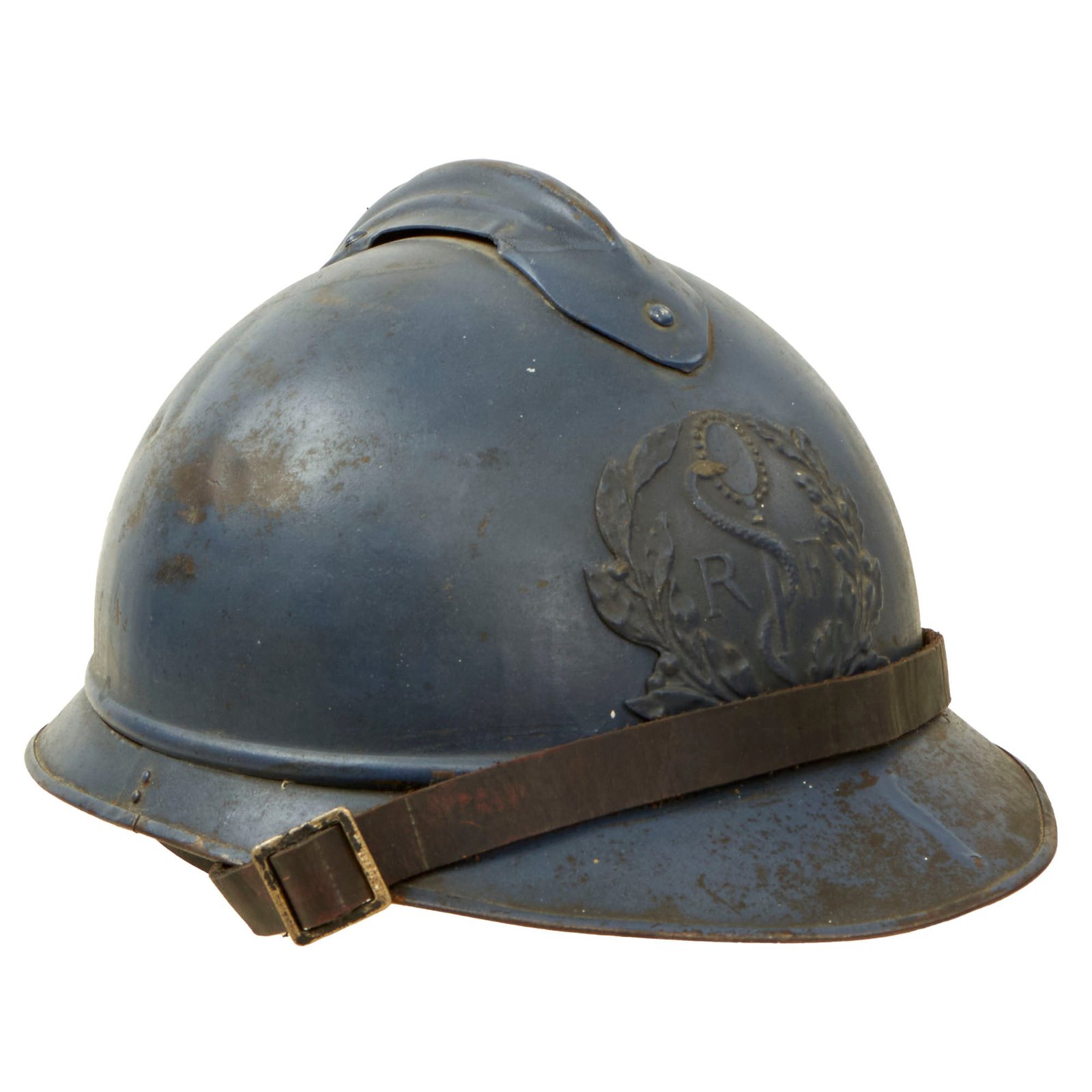 Buy Original French WWI Complete Model 1915 Adrian Helmet with RF Field Medical Personnel Badge - Horizon Blue | Original Firearms Antique For Sale