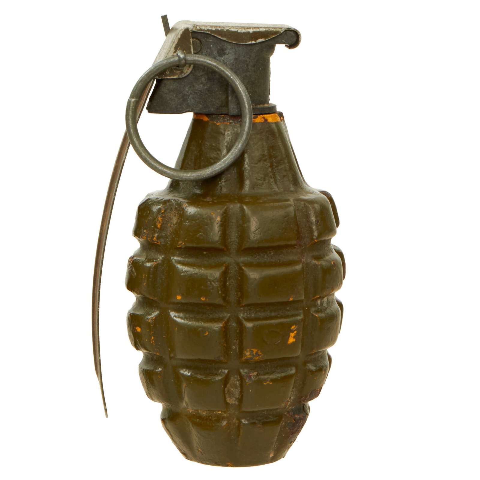 Buy Original U.S. WWII Inert MkII Pineapple Grenade with Yellow Ring & M10A2 Fuze | Original Firearms Antique For Sale