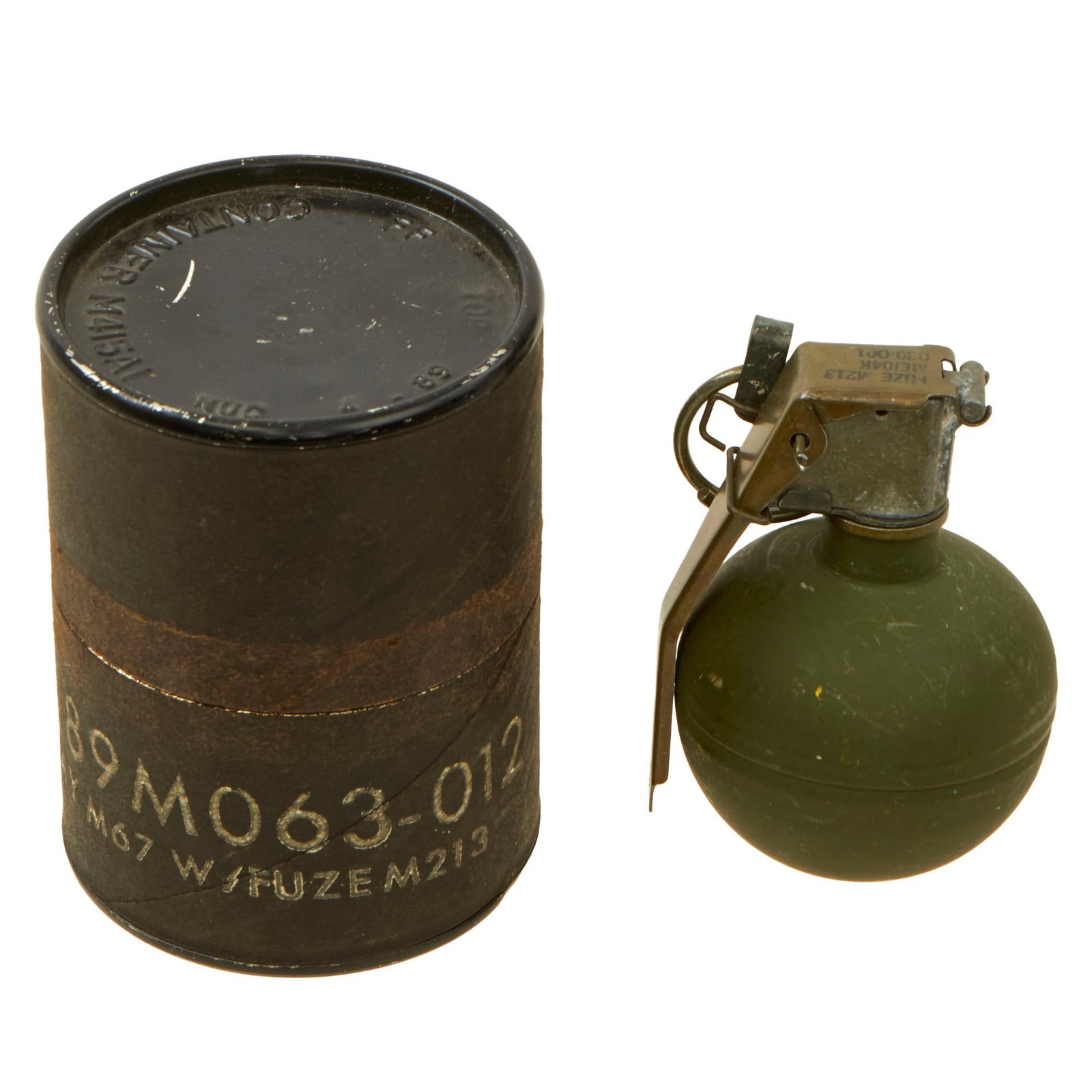 Buy Original U.S. Current Issue Inert M67 Fragmentation Hand Grenade with M213 Fuze in Husk Canister - RARE | Original Firearms Antique For Sale