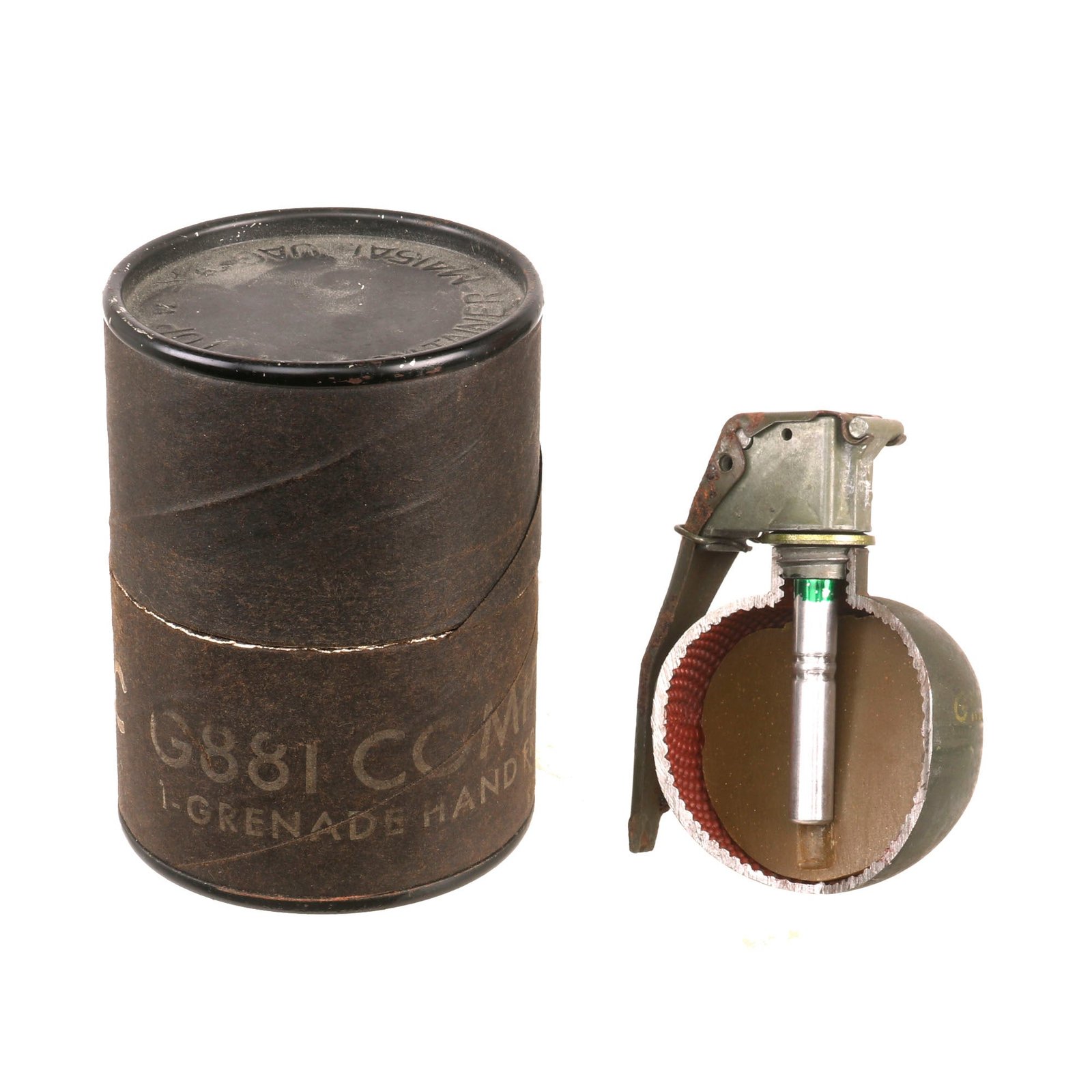 Buy Original U.S. Current Issue Inert M67 Fragmentation Hand Grenade Cutaway with M213 Fuze in Husk Canister - RARE | Original Firearms Antique For Sale