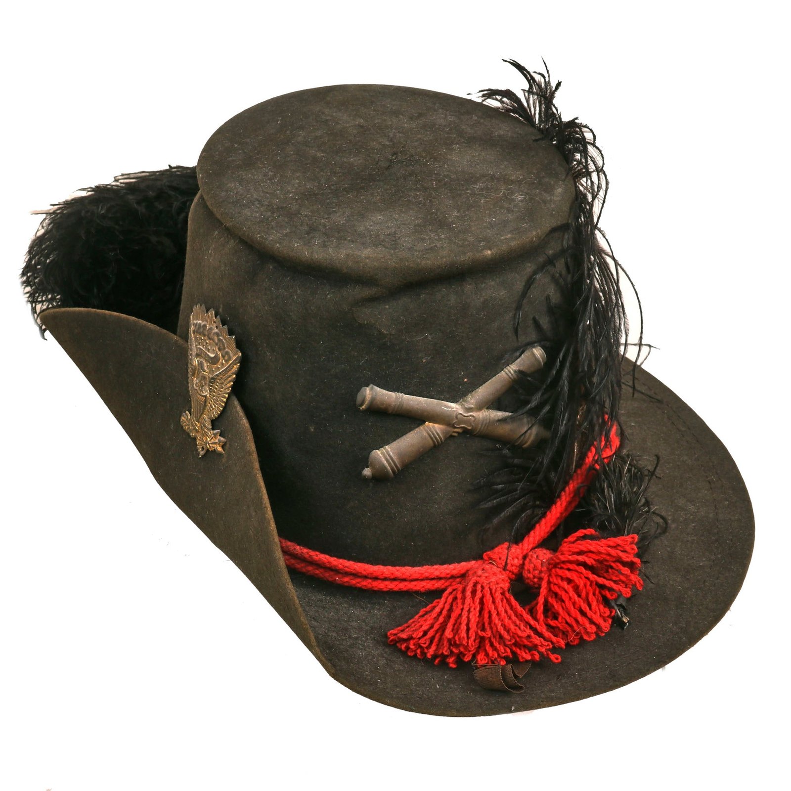 Buy Original U.S. Civil War Army Artillery Enlisted Man’s Model 1858 “Jeff Davis” Hardee Hat with Scarlet Cord & Black Ostrich Plume - Size 4 | Original Firearms Antique For Sale