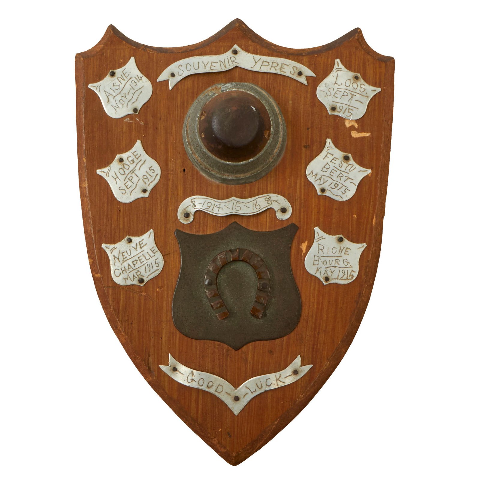 Buy Original British WWI Souvenir Shield Plaque with Battlefield Relics Sent to VAD Worker Elizabeth Trimble with Note of Provenance | Original Firearms Antique For Sale