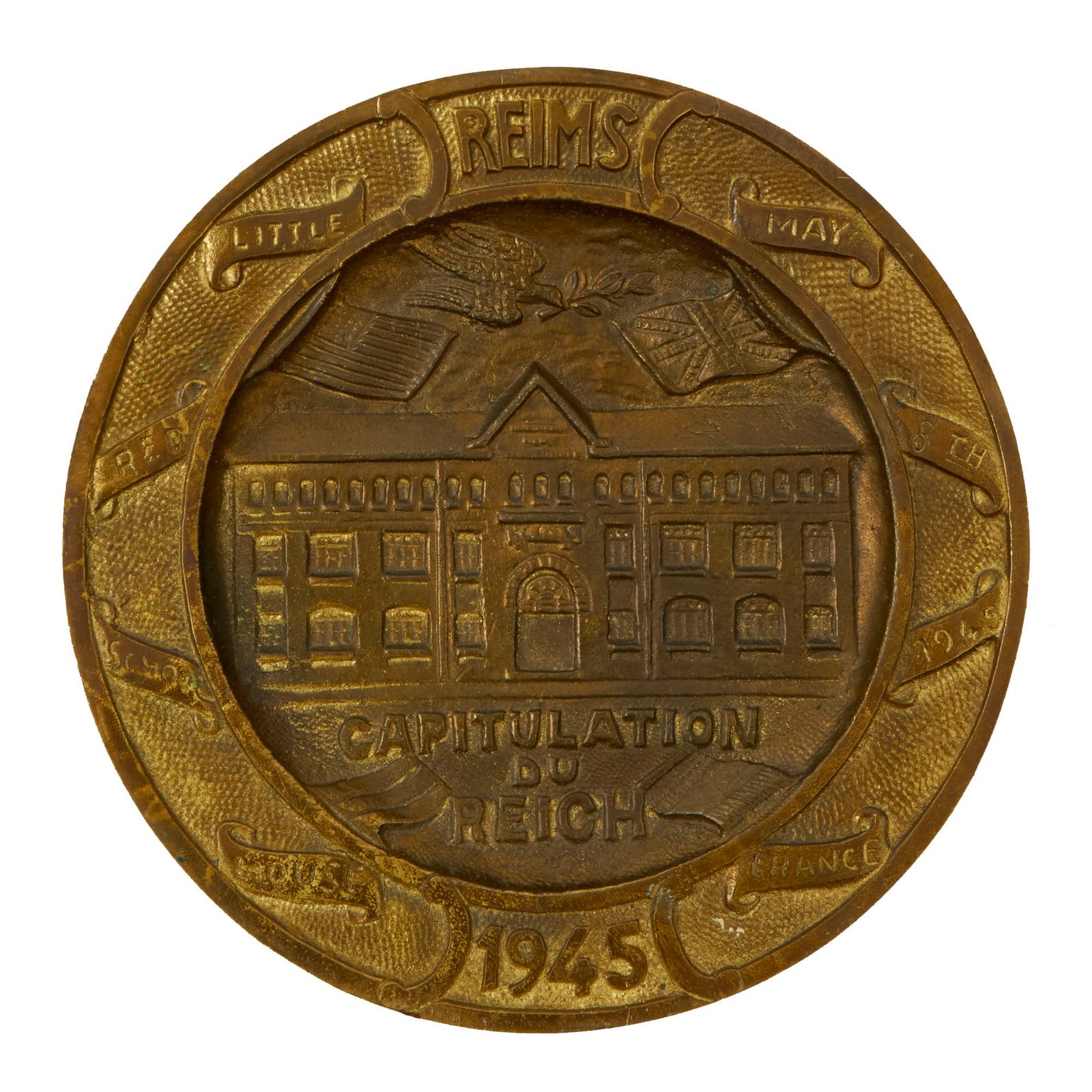 Buy Original U.S. WWII Reims Capitulation German Surrender Commemorative Brass Plate marked DÉPOSÉ | Original Firearms Antique For Sale