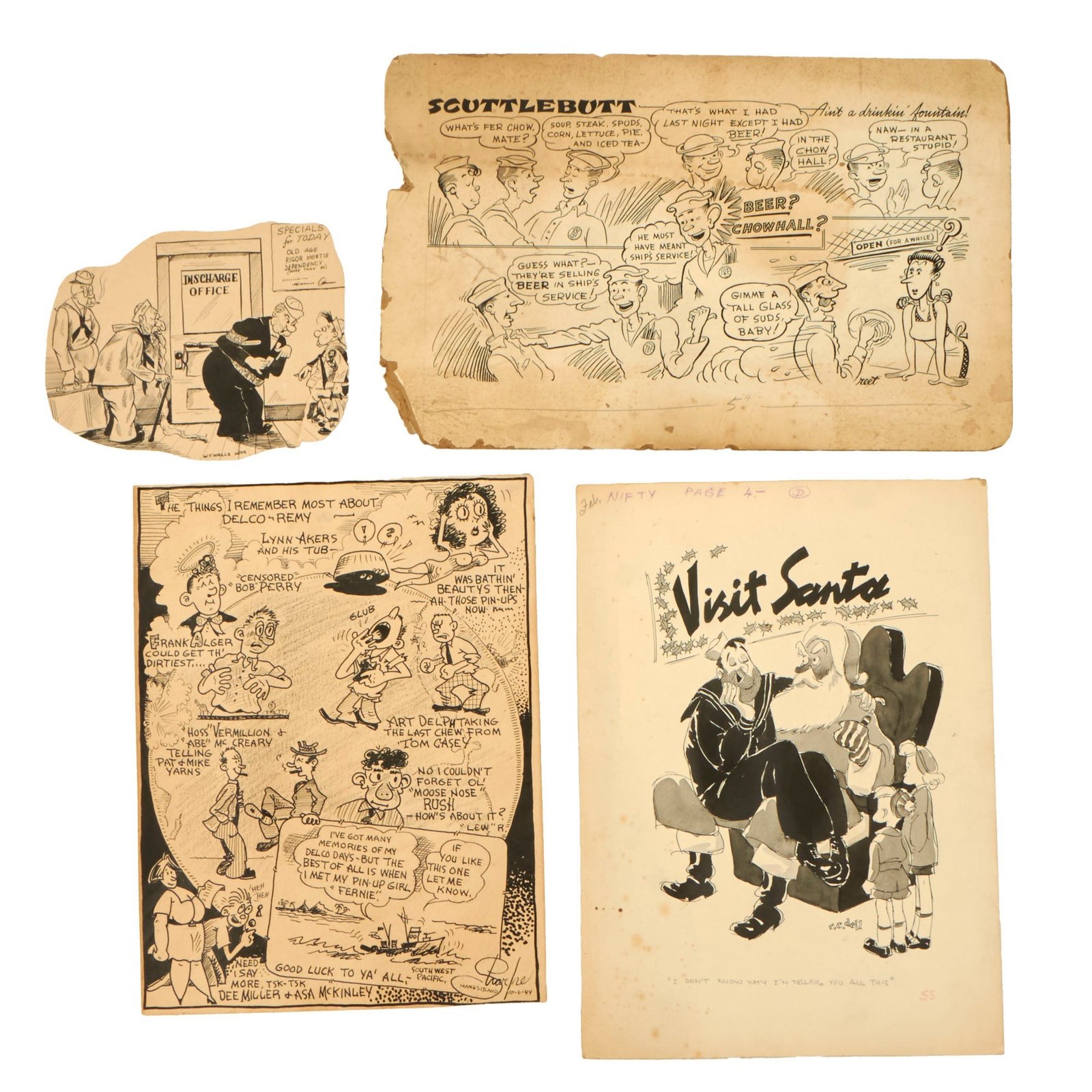Buy Original U.S. WWII Navy Magazine Artwork Lot with Great Cartoons - 4 Pieces Total | Original Firearms Antique For Sale