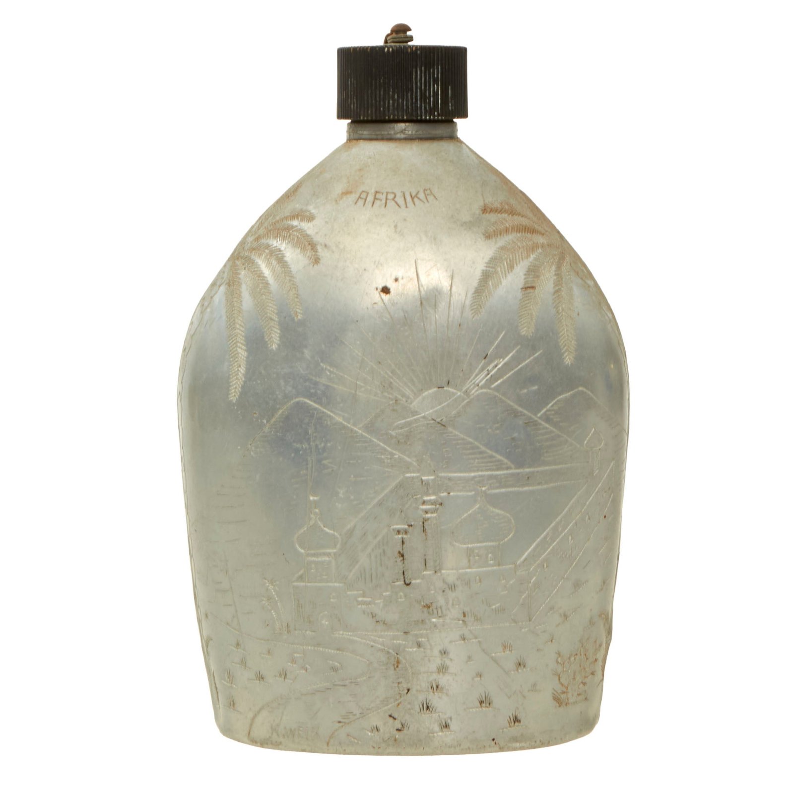 Buy Original U.S. WWII German POW Trench Art Engraved Afrika M1910 Canteen with Gorgeous Scenes - POW Camp Gordon | Original Firearms Antique For Sale