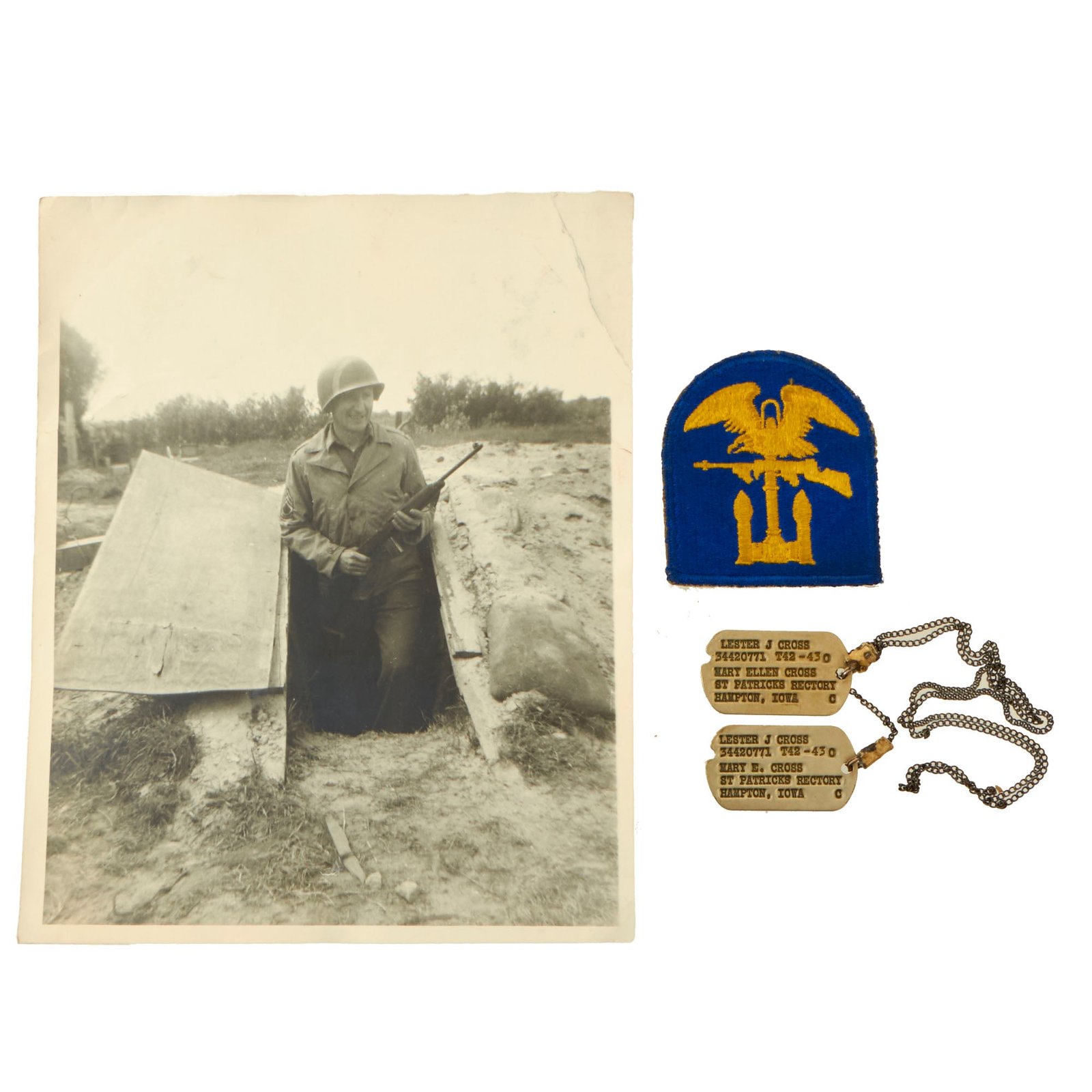 Buy Original U.S. WWII Engineer Special Brigade Dog Tag & Patch Grouping with Photograph of Soldier Wearing ESB Helmet - SFC Lester J. Cross | Original Firearms Antique For Sale