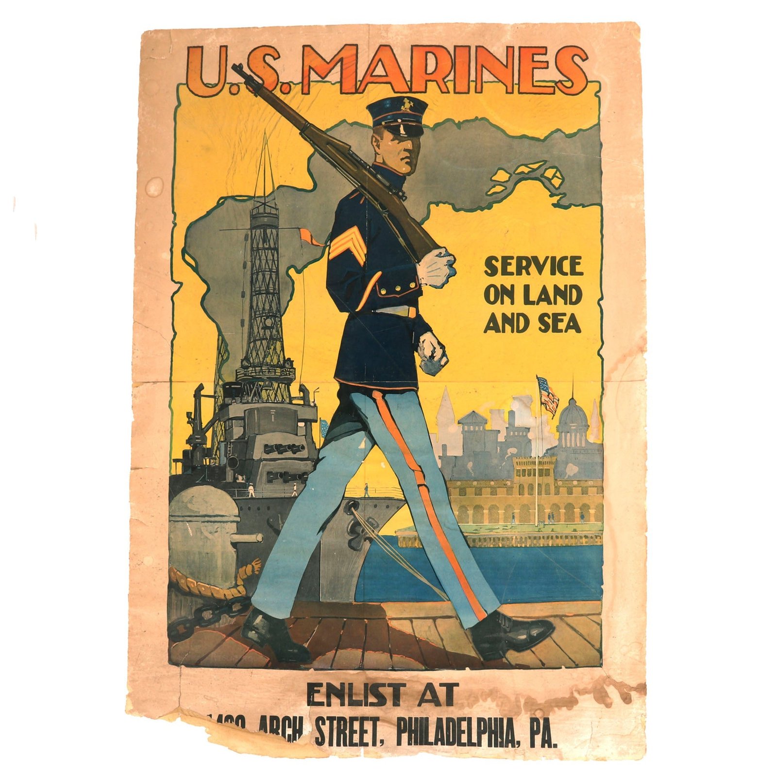 Buy Original U.S. WWI US Marine Corps “Active Service On Land and Sea” Recruitment Poster With Artwork by Sidney Riesenberg - 39½” x 29½” | Original Firearms Antique For Sale