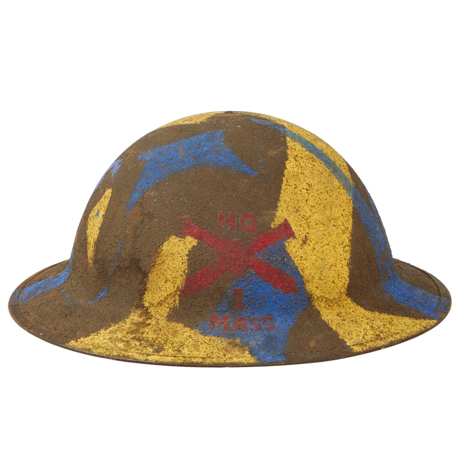 Buy Original U.S. WWI 1st Massachusetts Coastal Arillery Headquarters M1917 Doughboy Helmet Shell With Camouflage Panel Paint | Original Firearms Antique For Sale