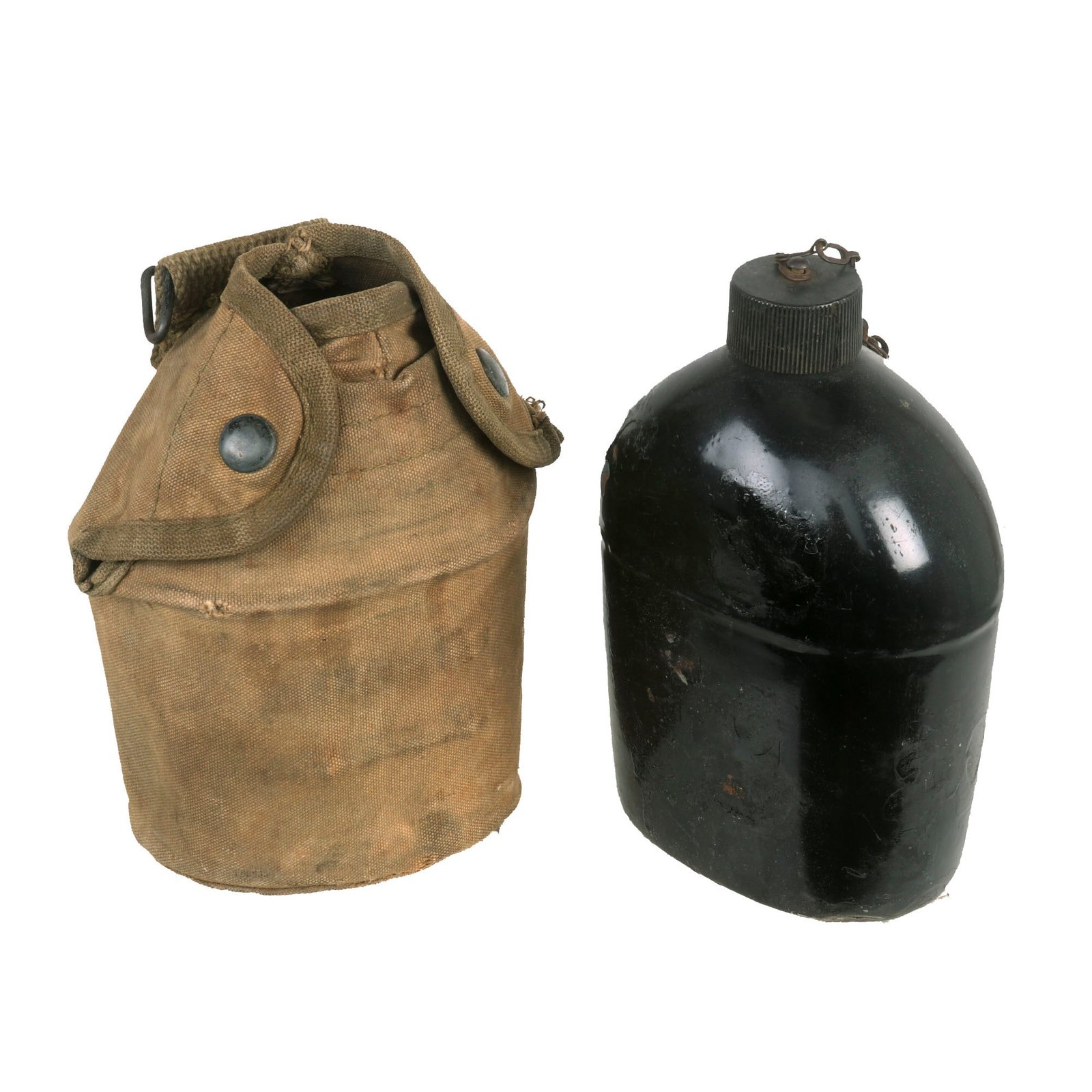 Buy Original U.S. WWII Named 1st Pattern USMC Canteen Cover with Durasnaps and Black Porcelainized Canteen | Original Firearms Antique For Sale