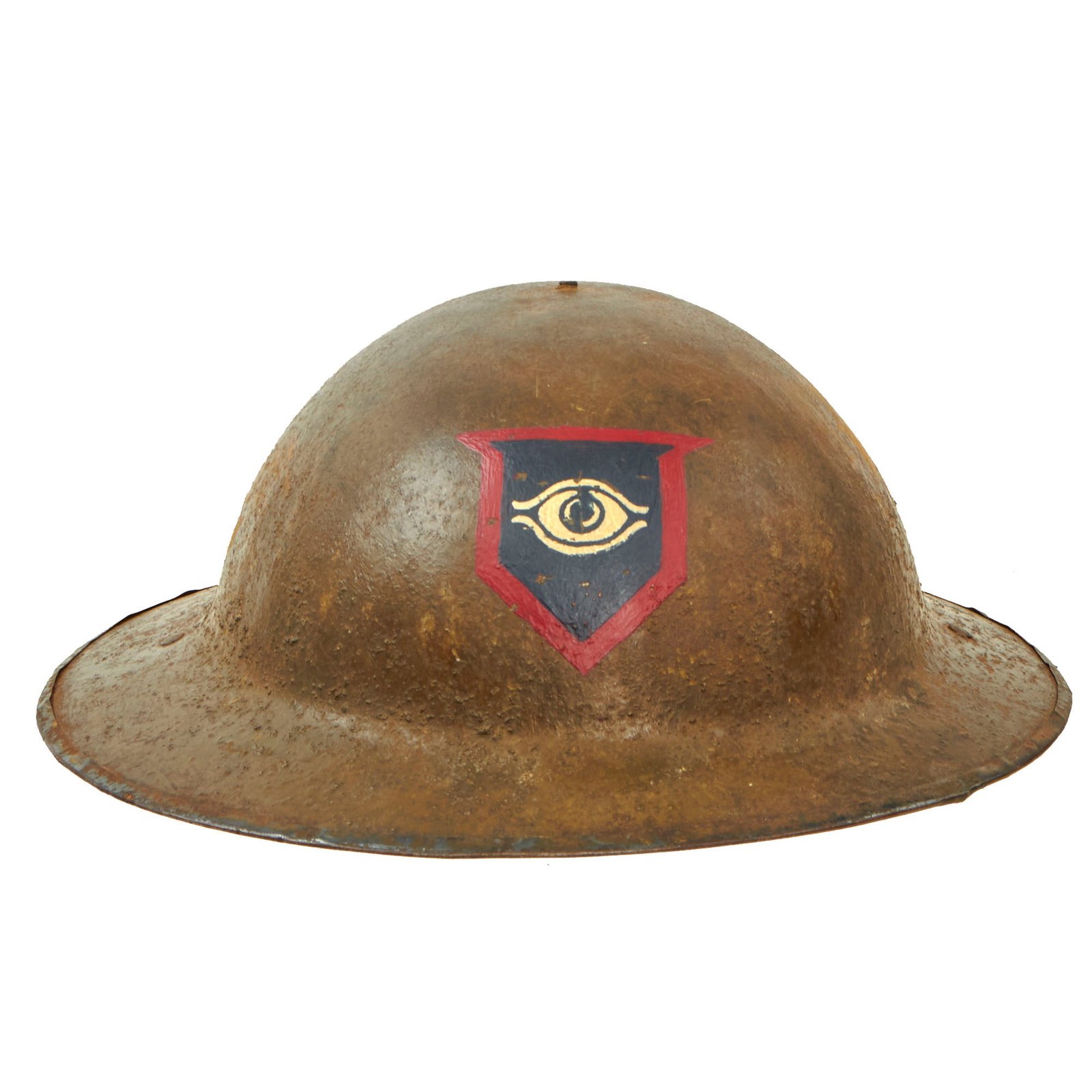 Buy Original British WWI Texture Painted Mk 1 Brodie Helmet by Hutton & Sons Ltd of Sheffield With Inter-War / WWII Guards Armored Division Painted Insignia - “All Seeing Eye” | Original Firearms Antique For Sale