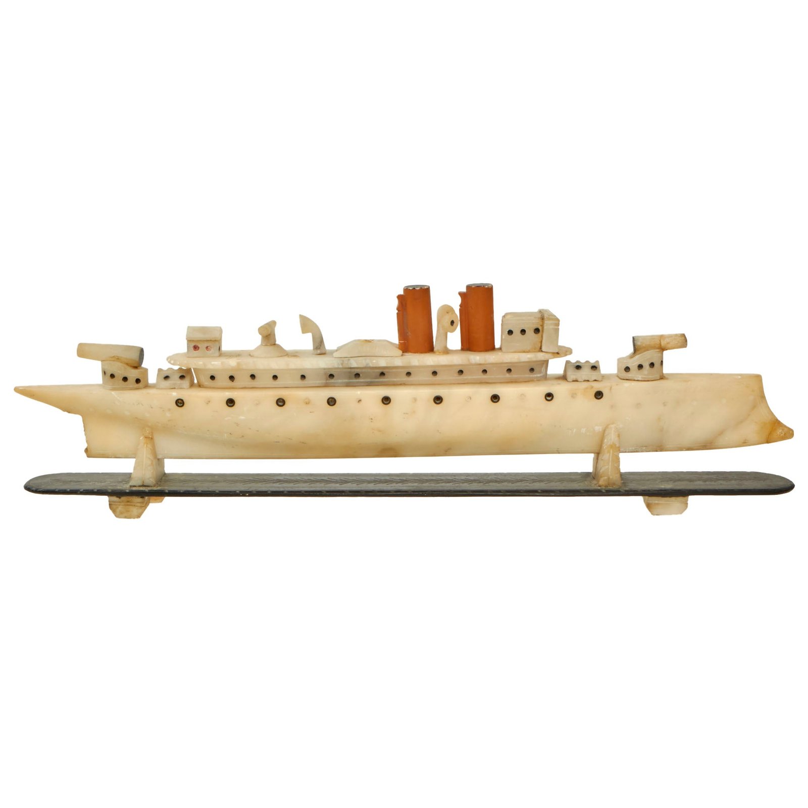 Buy Original WWI Era Folk Art Soapstone Carved Miniature Warship "VITORIA" Matching Carved Slate & Soapstone Stand | Original Firearms Antique For Sale