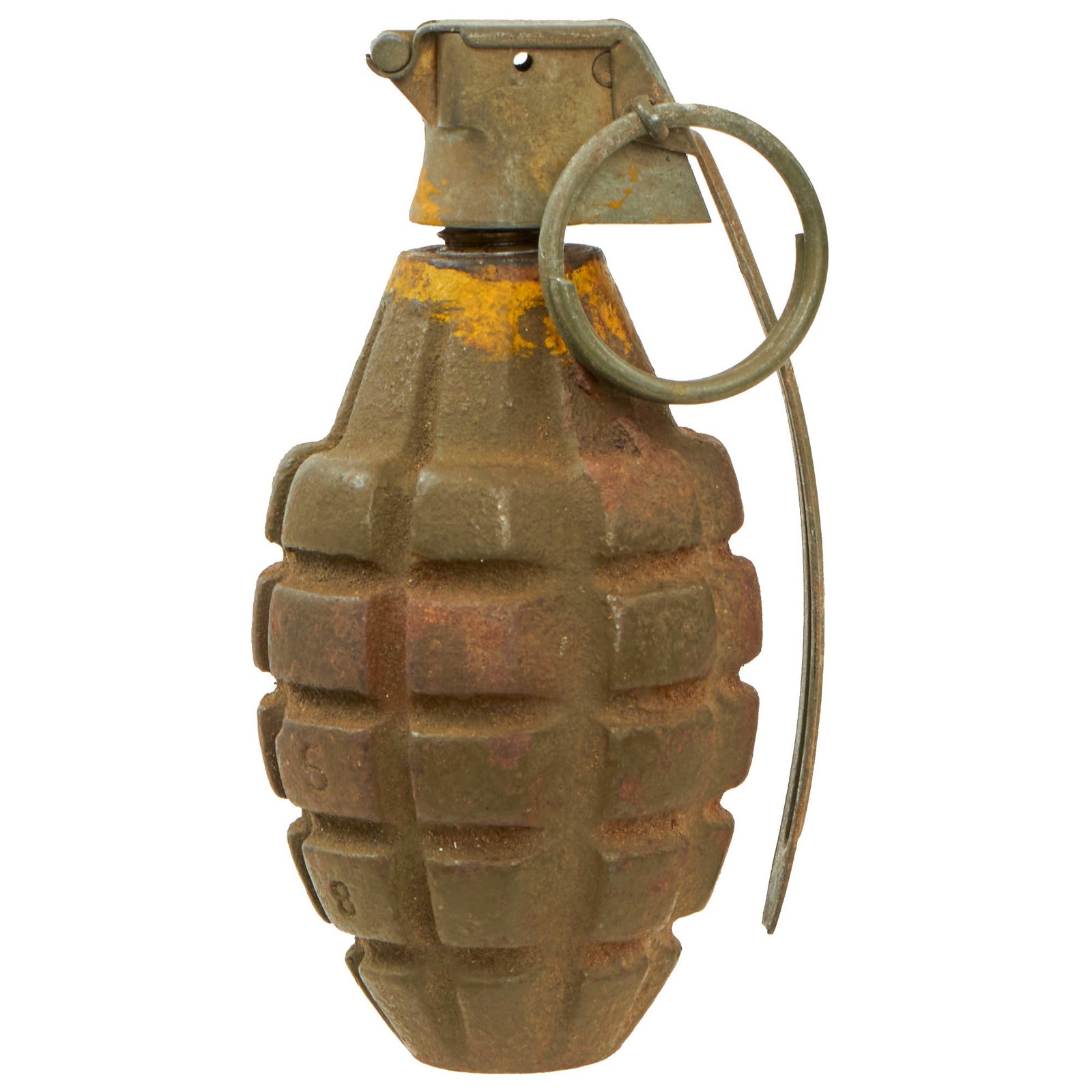 Buy Original U.S. WWII Inert MkII Pineapple Grenade with Yellow Ring & Korean War Era 1951 Dated M204A1 Fuse | Original Firearms Antique For Sale