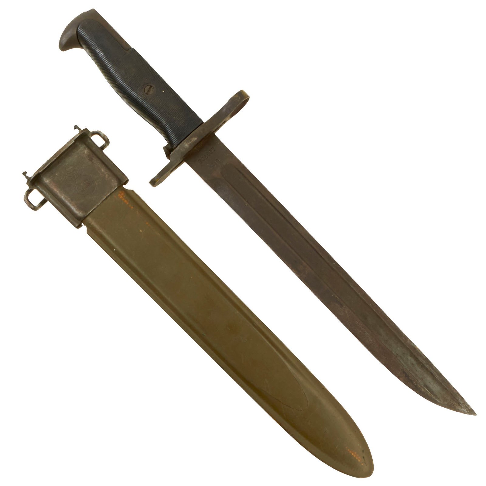 Buy Original U.S. WWI / WWII M1905E1 Springfield “Straight-Back” Cut-Down 10" Rifle Bayonet with M7 Scabbard - dated 1907 | Original Firearms Antique For Sale