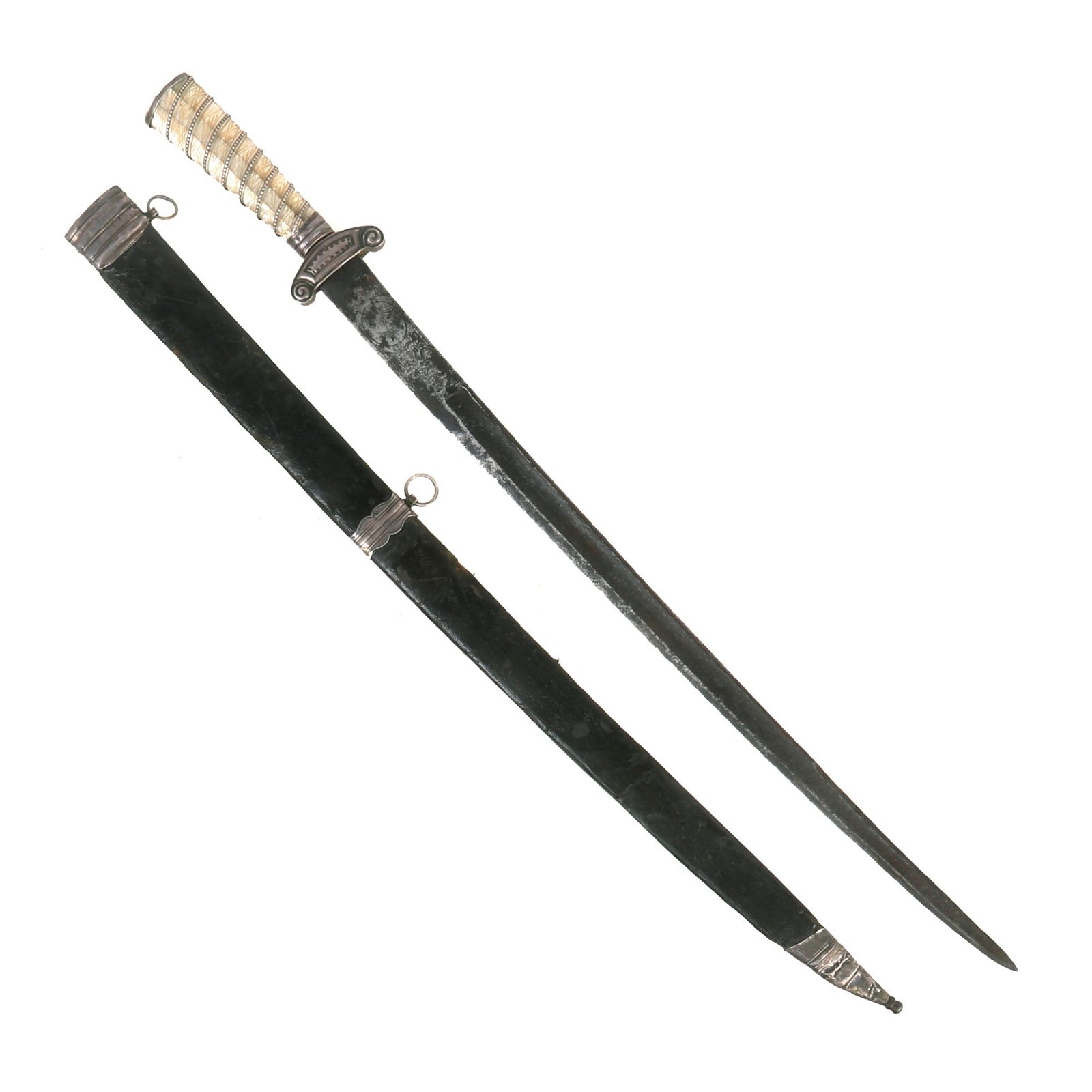 Buy Original U.S. Revolutionary War Era Silver-Mounted Hunting Sword Cuttoe with Mother of Pearl Grip & Original Leather & Silver-Mounted Scabbard | Original Firearms Antique For Sale