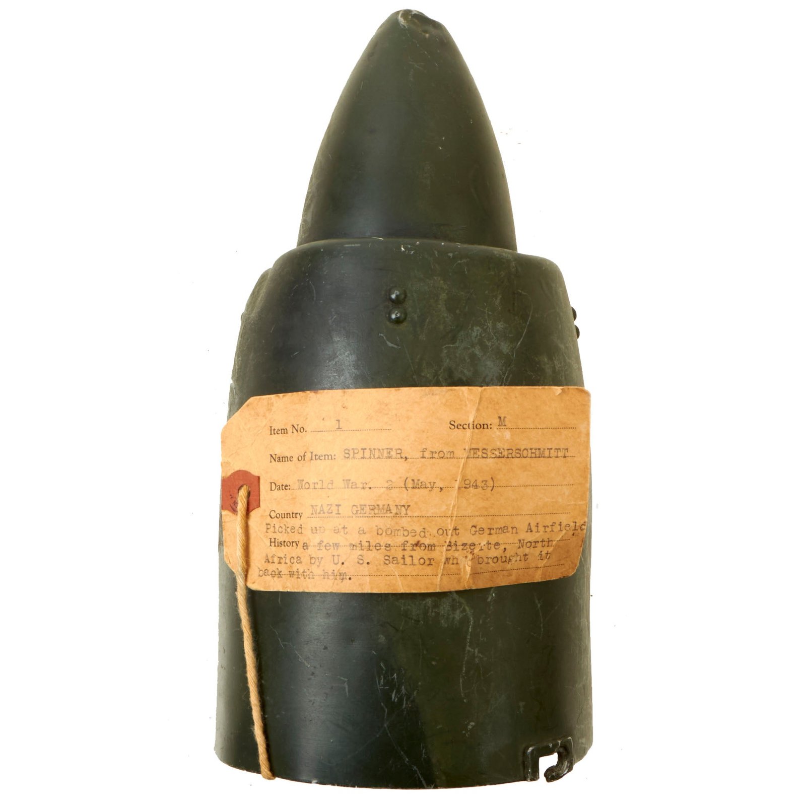 Buy Original German WWII Luftwaffe "Messerschmitt Spinner" with Provenance Tag - Brought Back by American Sailor | Original Firearms Antique For Sale