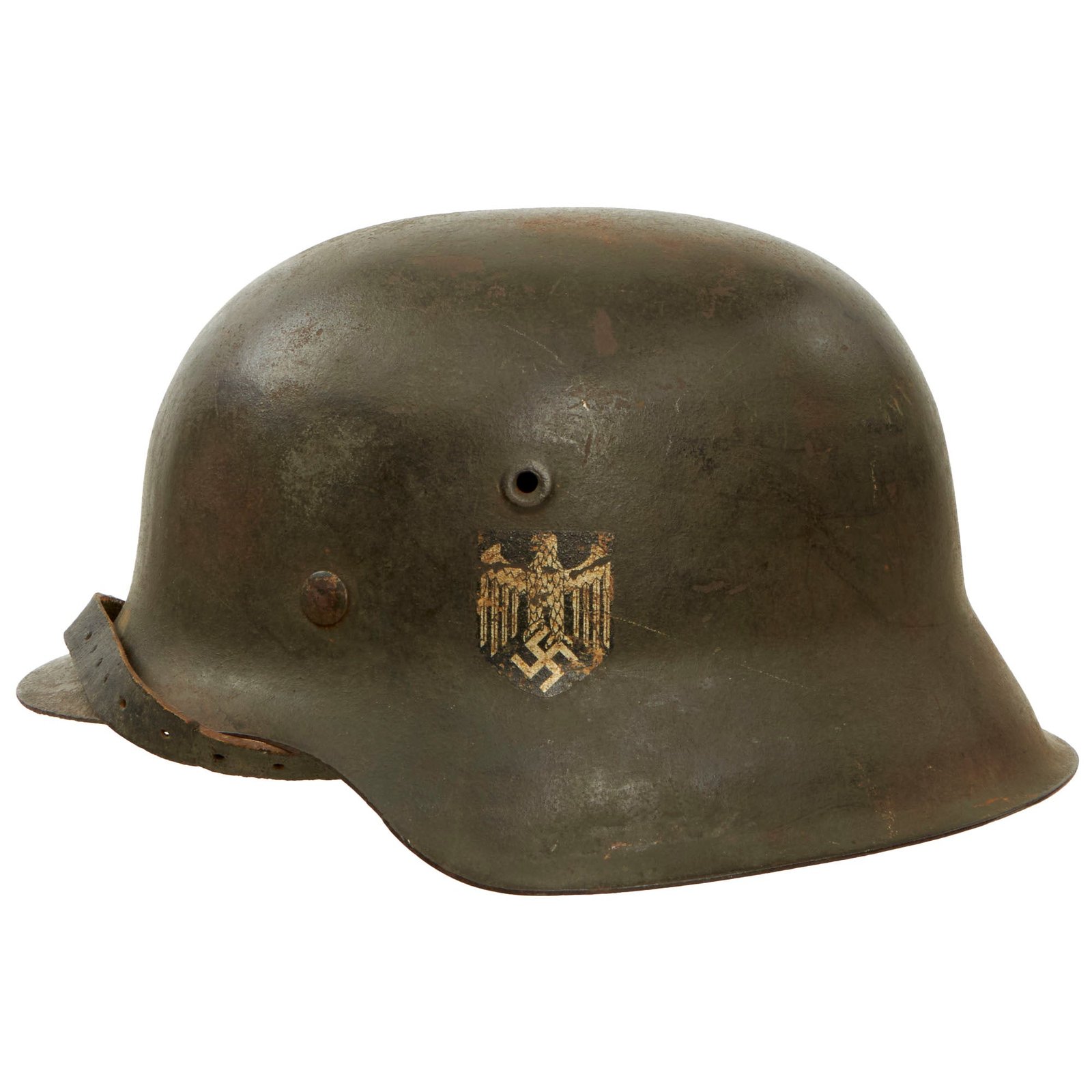 Buy Original German WWII Large M42 Single Decal Army Heer Helmet with 56cm Liner & Chinstrap - Stamped EF66 | Original Firearms Antique For Sale