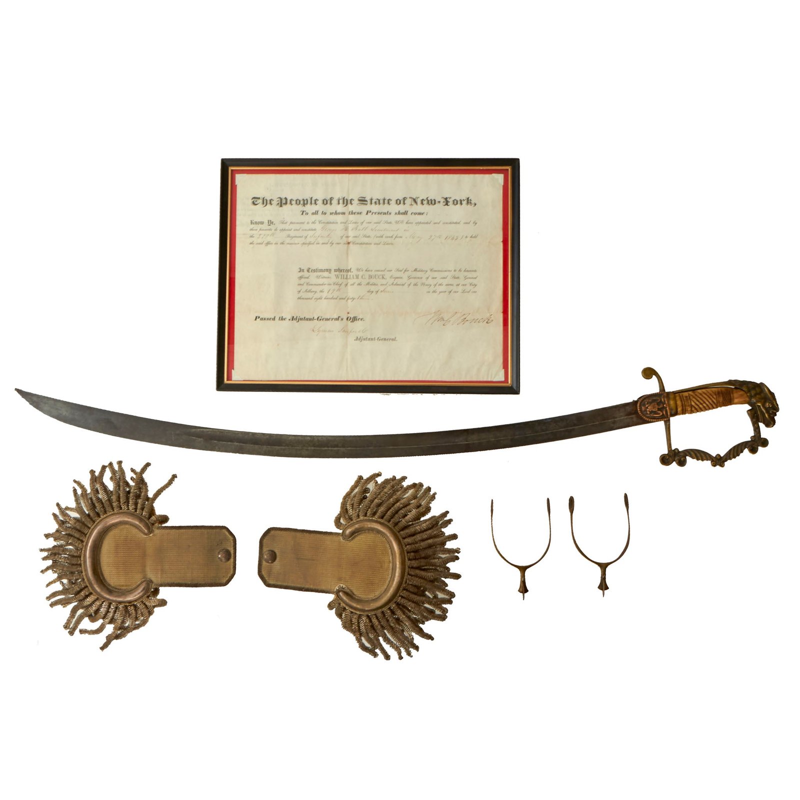 Buy Original U.S. Mexican-American War New York Officer’s Eagle-Head Sword Grouping - 1843 Commission Certificate, Epaulets, & Spurs | Original Firearms Antique For Sale