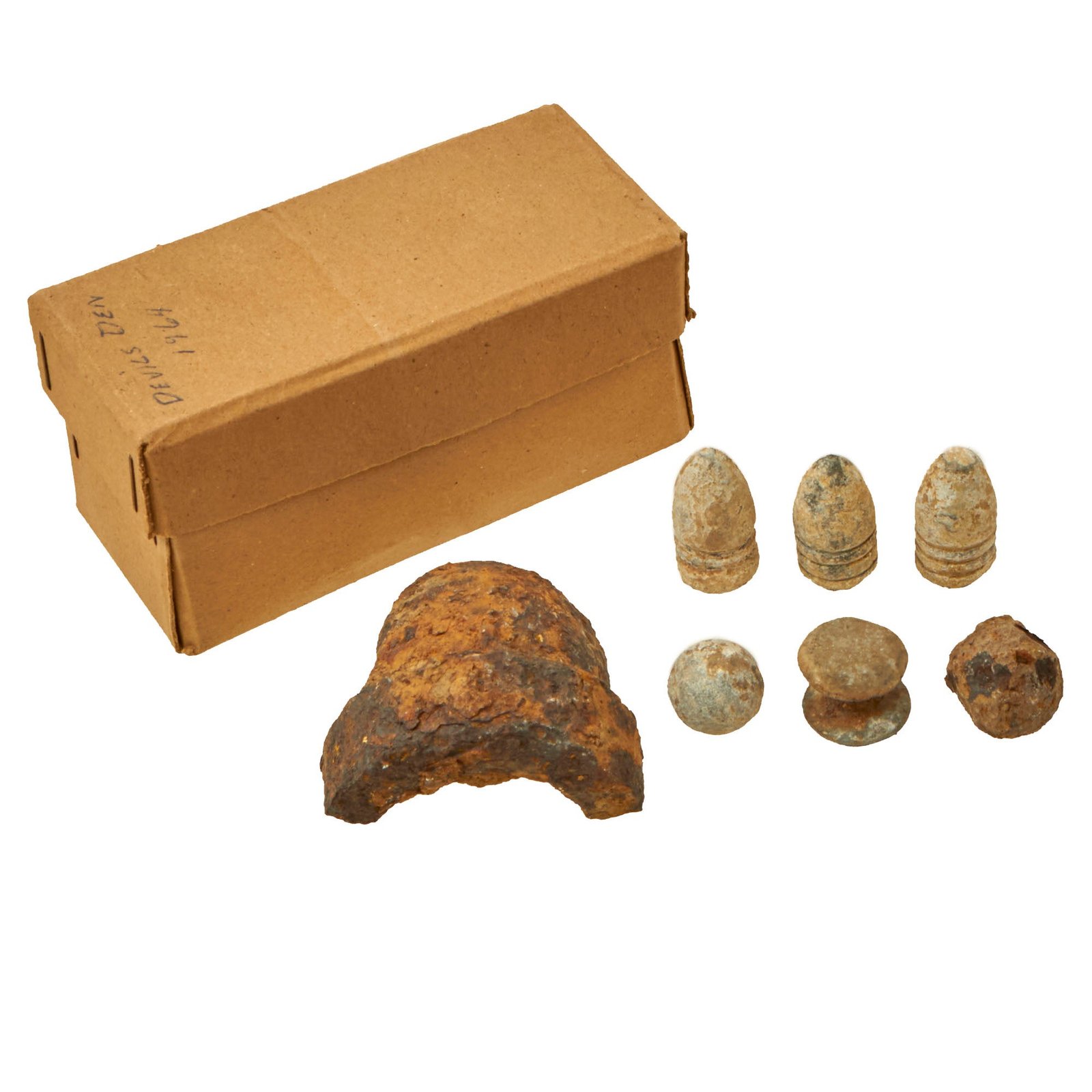 Buy Original U.S. Civil War Battle of Gettysburg Devil’s Den Relics Dug in 1964 in Original Box - Bullets & Shell Fragment | Original Firearms Antique For Sale