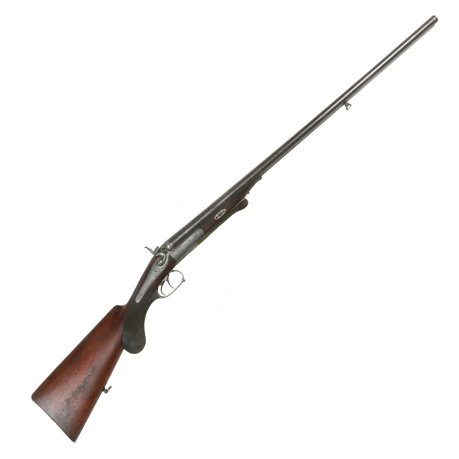 Buy Original German 16 Gauge Ornately Decorated Double Barrel Hammer Shotgun with Damascus Barrel, Horn Lever, & Retractable Sight by W.L. Würfflein in Kitzingen - Circa 1880 | Original Firearms Antique For Sale