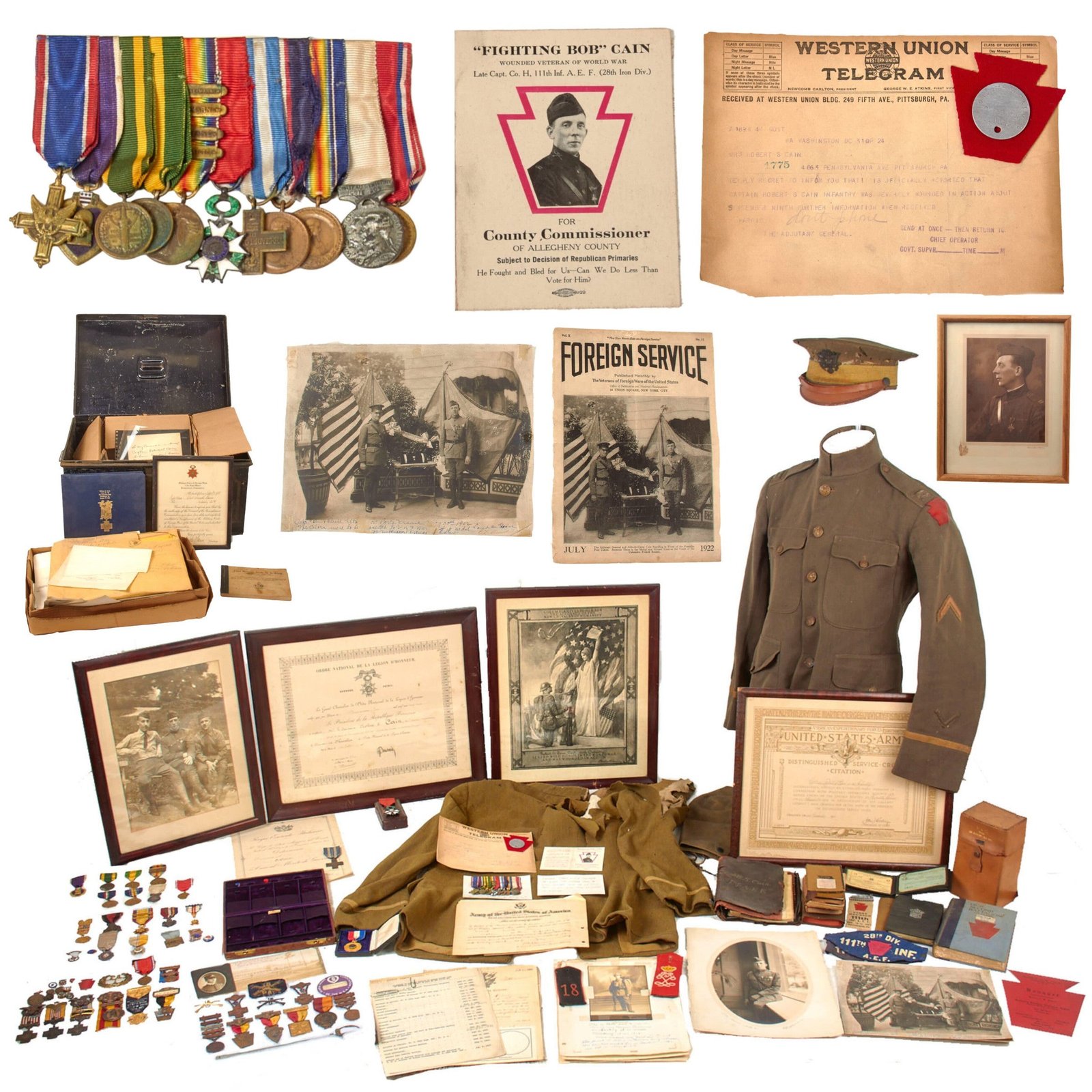 Buy Original U.S. WWI 28th Division “Fighting Bob” Cain Outstanding Uniform, Framed Certificate, & Ephemera Grouping of Distinguished Service Cross Recipient Captain Robert Sneath Cain Including WIA Uniform & Decades of Letters & Logbooks | Original Firearms Antique For Sale