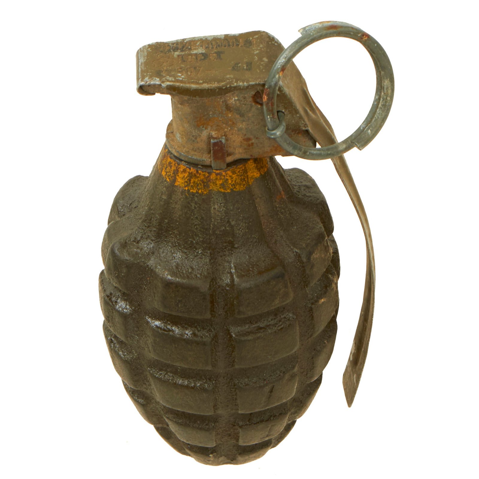 Buy Original U.S. WWII Inert MkII Pineapple Grenade with Yellow Ring with M200A1 Fuze | Original Firearms Antique For Sale