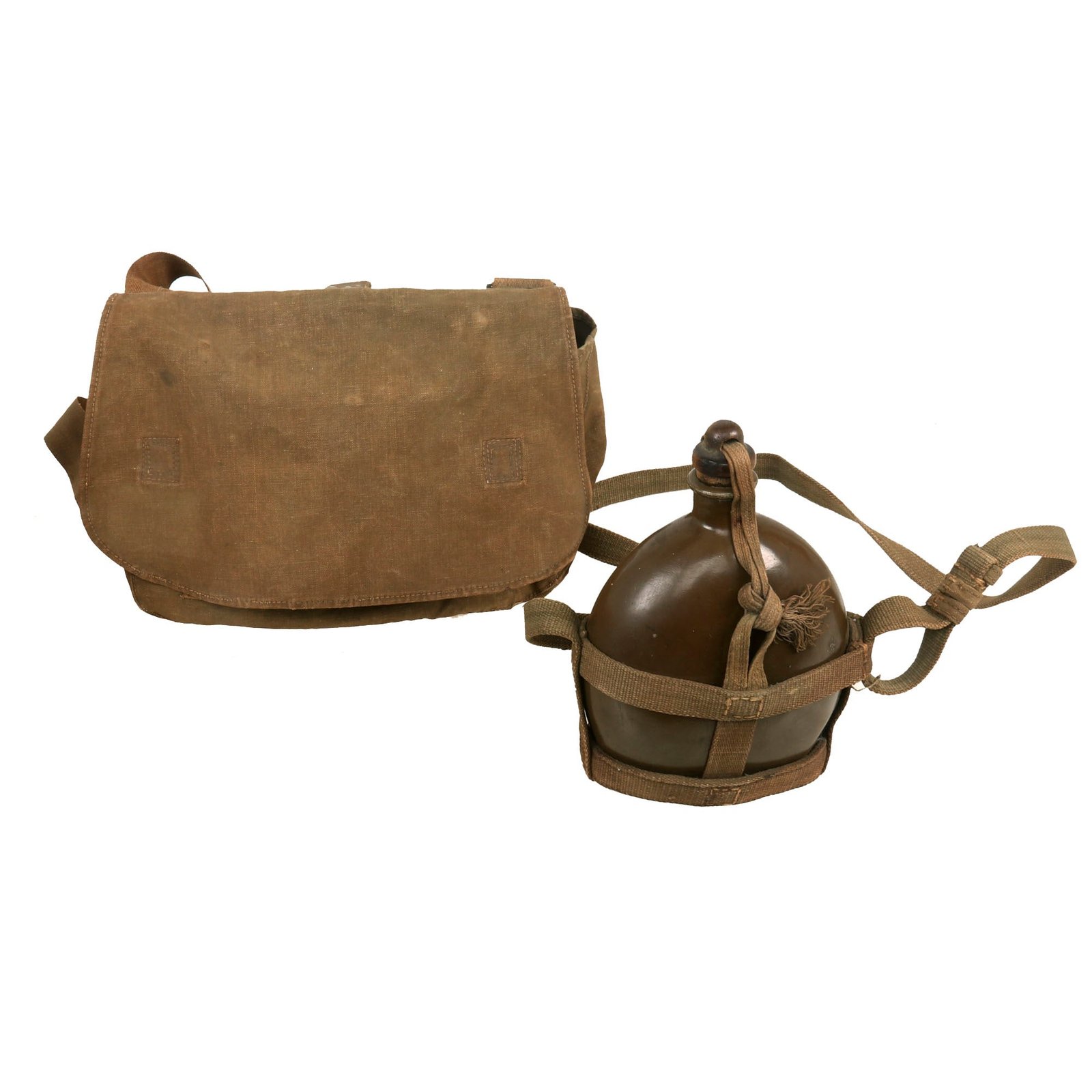 Buy Original Japanese WWII Zatsumo Haversack Musette Bag & Aluminum Canteen in Canvas Carrier with Model B Wood Stopper | Original Firearms Antique For Sale