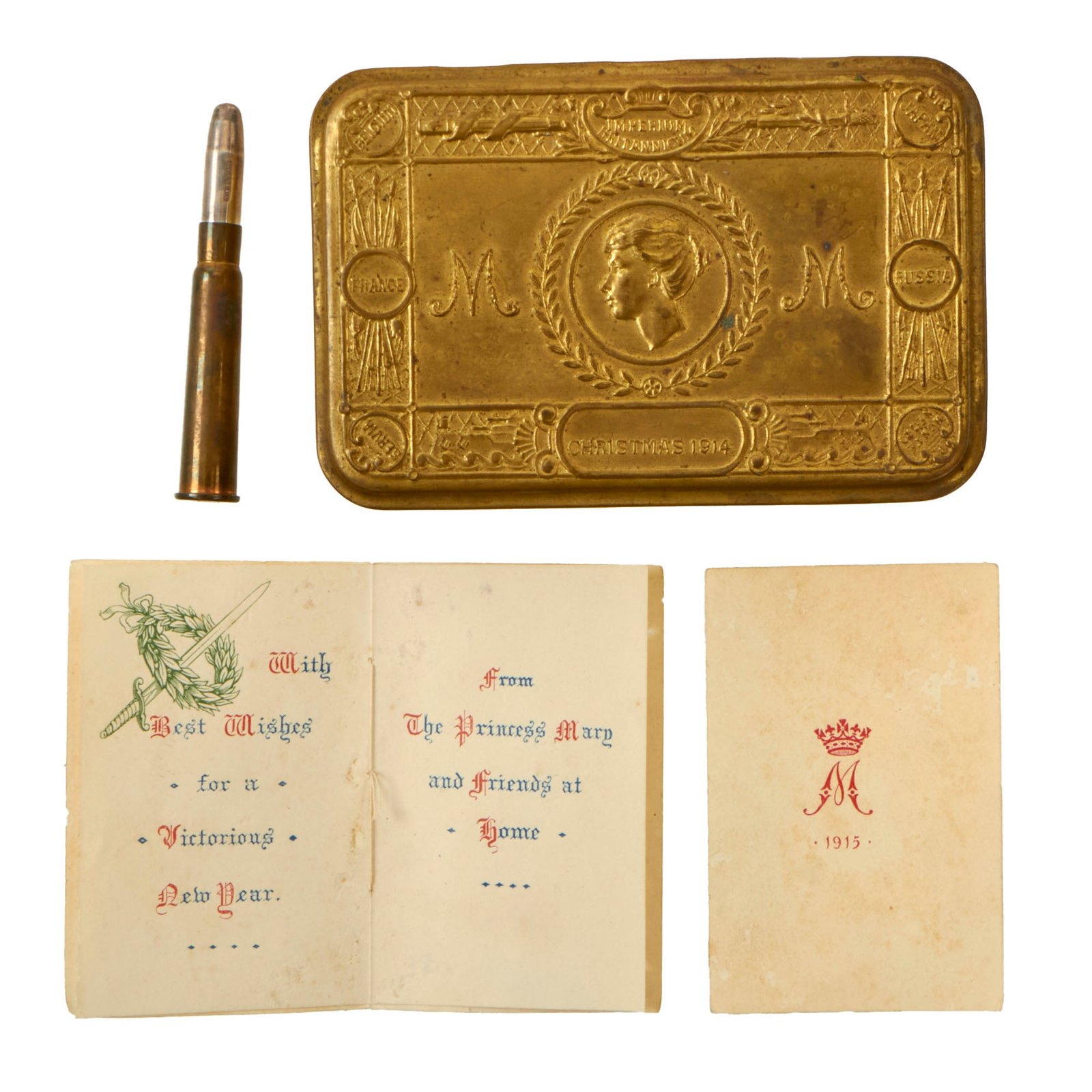 Buy Original British WWI Princess Mary 1914 Royal Navy Gift Box with Bullet Pencil & Greeting Card | Original Firearms Antique For Sale
