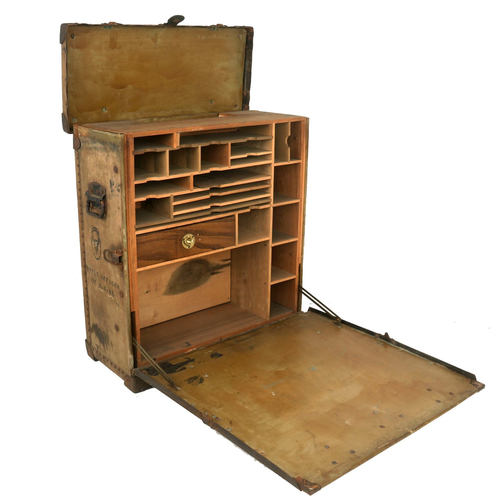 Buy Original U.S. WWI 34th Division Field Desk Marked to Supply Officer, 127th Machine Gun Battalion with AEF & Divisional Insignia - The Sandstorm Division | Original Firearms Antique For Sale