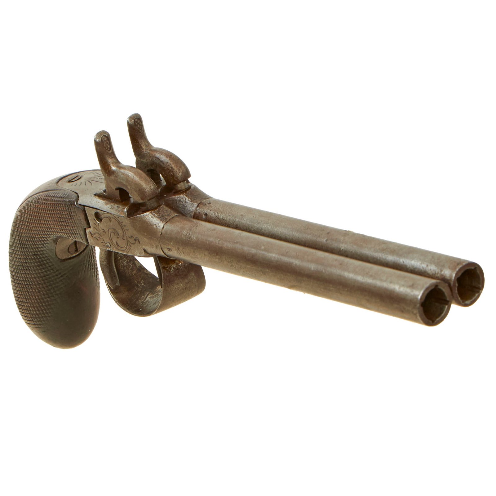 Buy Original Victorian Era Belgian Double Barreled Percussion Pistol with Checkered Wooden Grip and Engraved Frame - Circa 1840 | Original Firearms Antique For Sale