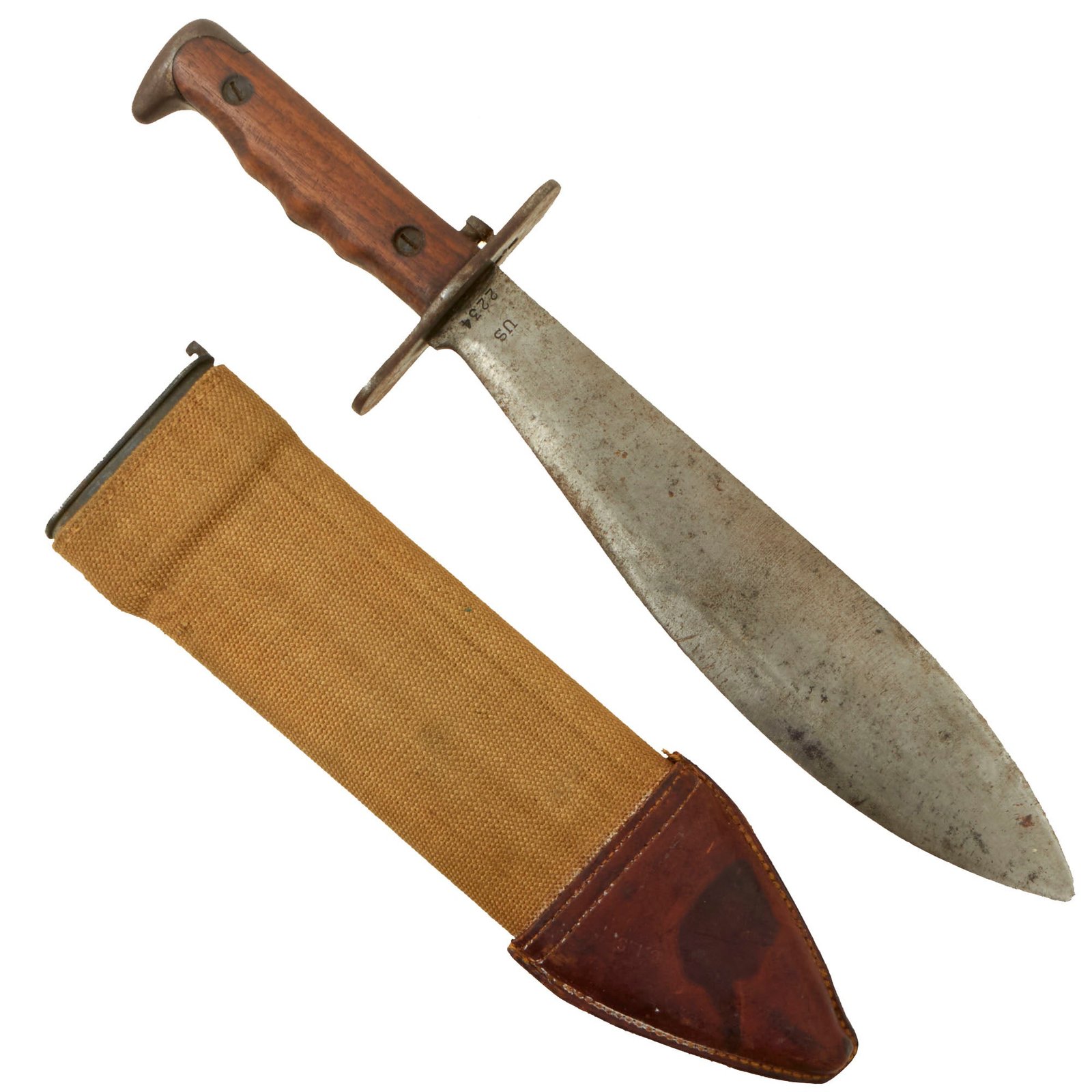 Buy Original U.S. Pre-WWI 1st Year Production Model 1910 Bolo Knife by Springfield Armory with Canvas Scabbard - dated 1910 | Original Firearms Antique For Sale