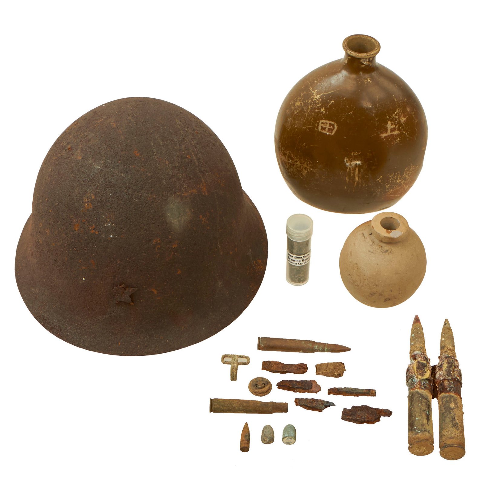 Buy Original Japanese WWII Iwo Jima Relic Lot with Type 90 Army Helmet, Canteen, Vial of Sand, Ceramic Grenade | Original Firearms Antique For Sale