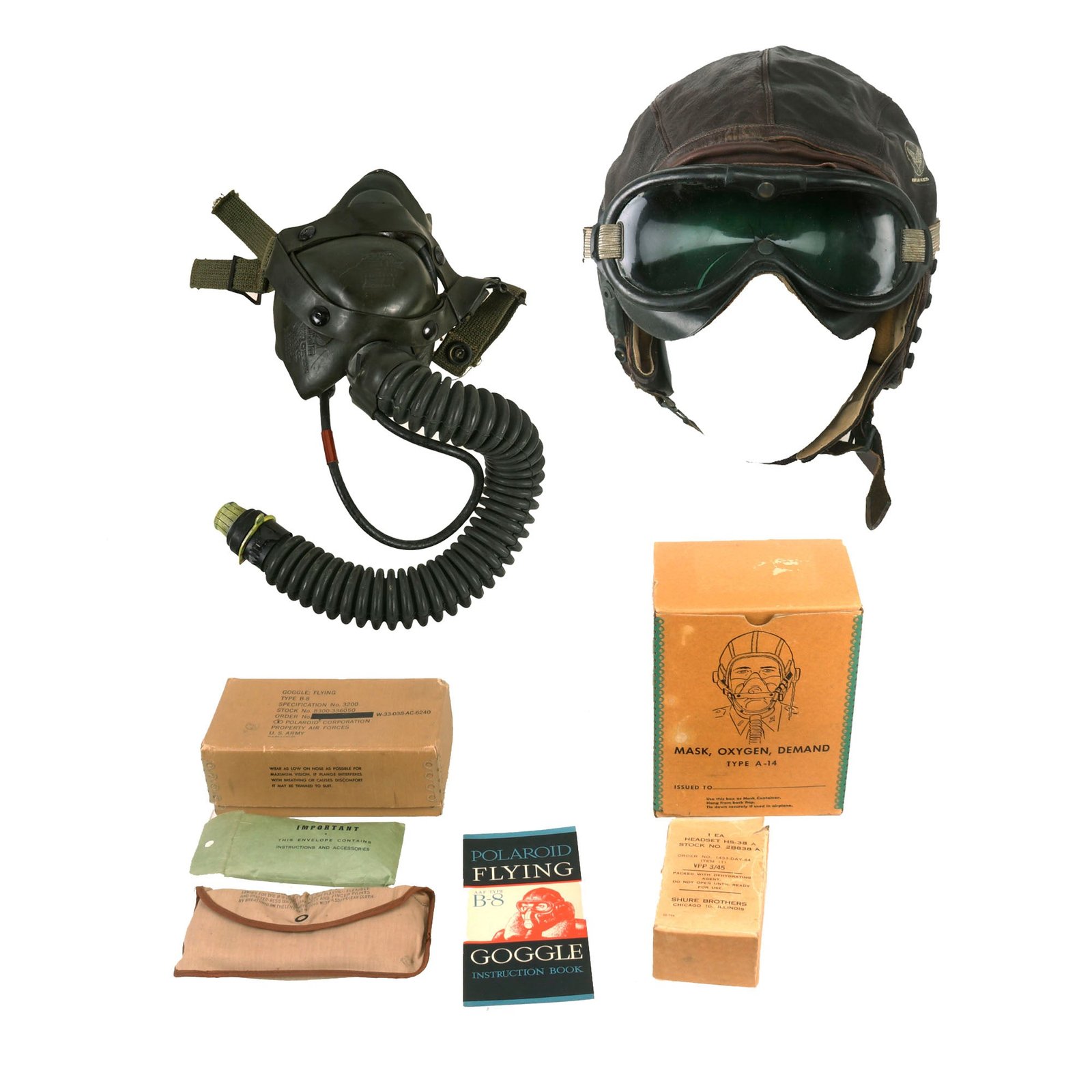 Buy Original U.S. WWII Army Air Forces Aviator Flight Helmet Set - Polaroid B-8 Goggles, A-14 Mask With Box, Sealed HS-38 Headset and Named A-11 Helmet | Original Firearms Antique For Sale