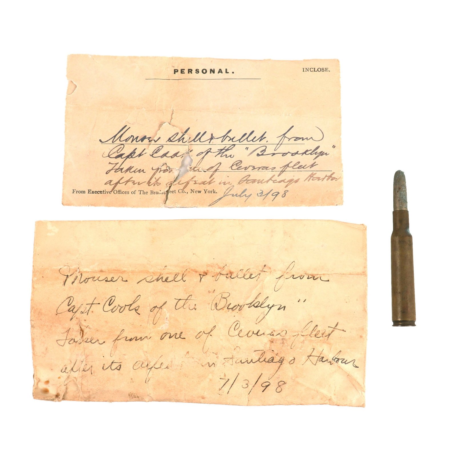 Buy Original U.S. Spanish-American War Captured Mauser Cartridge from Captain Cook of USS Brooklyn with Provenance Envelope - Dated July 3rd, 1898 | Original Firearms Antique For Sale