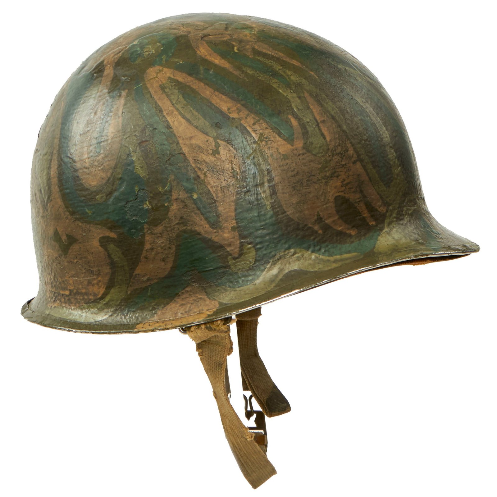 Buy Original U.S. WWII Personalized Camouflaged Front Seam Fixed Bale M1 Helmet with CAPAC Liner - Forest Style Camo | Original Firearms Antique For Sale