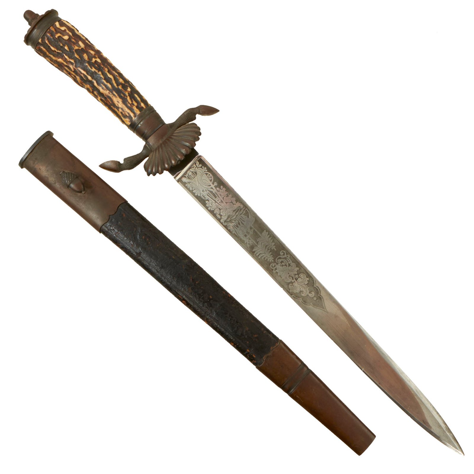 Buy Original Imperial German WWI Hirschfänger Stag Handle Forestry Dress Cutlass by Weyersberg Kirschbaum & Cie with Scabbard | Original Firearms Antique For Sale