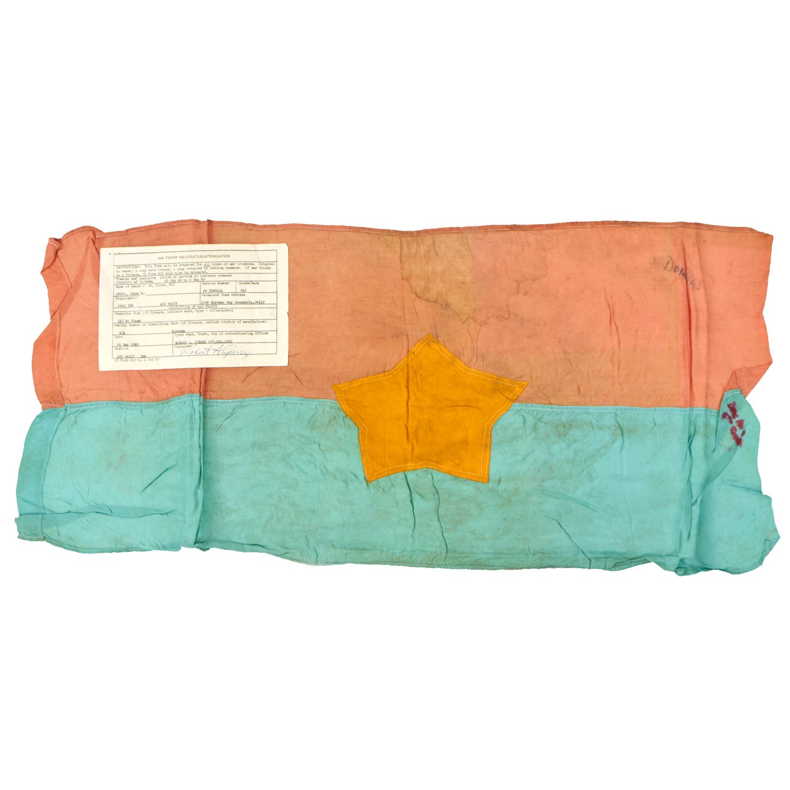 Buy Original U.S. Vietnam War Captured Vietcong Flag with War Trophy Registration Paperwork - 16th Tactical Reconnaissance Squadron - 16” x 34” | Original Firearms Antique For Sale