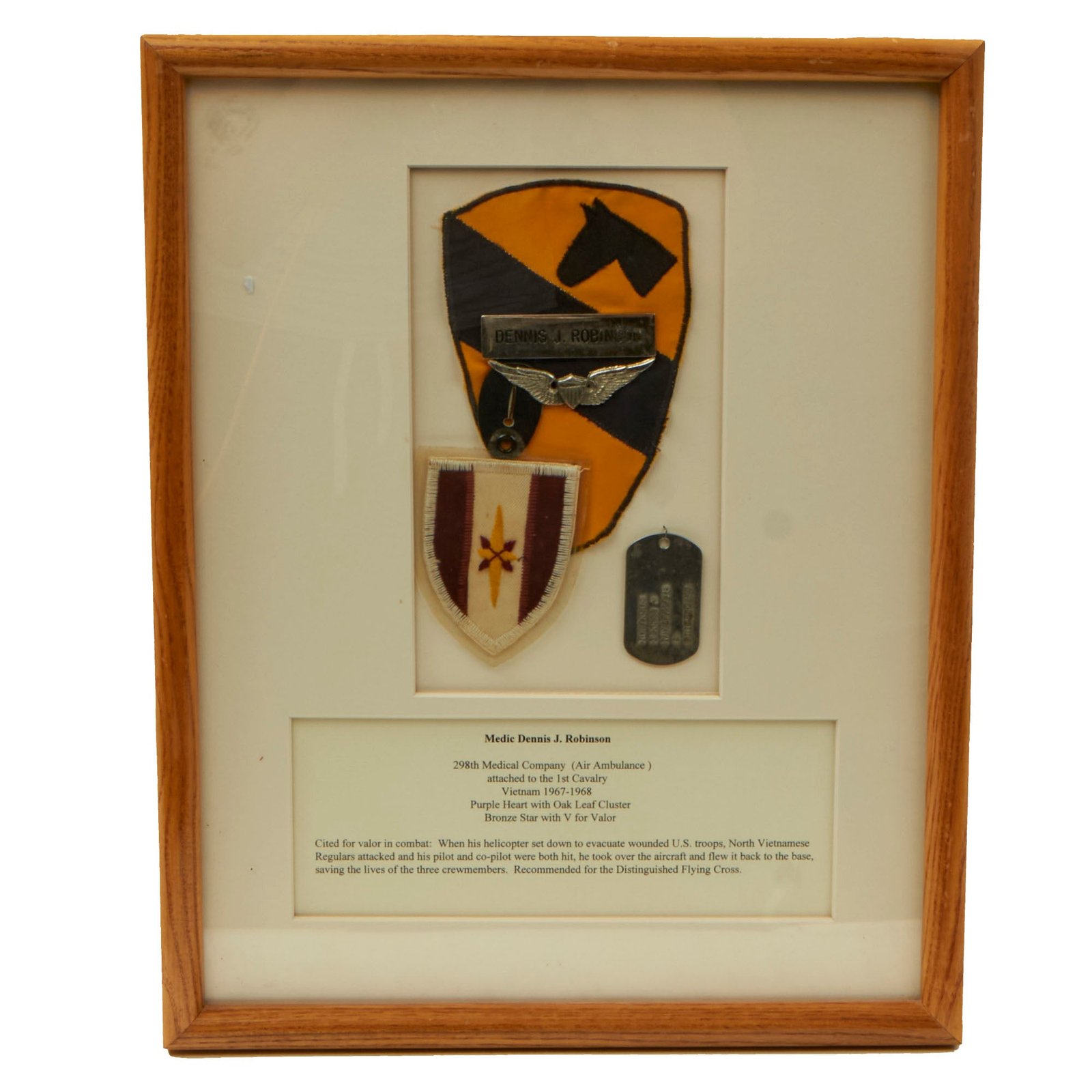 Buy Original U.S. Vietnam War 1st Cavalry 298th Medical Company Shadowbox with Incountry Made SSI & Pocket Hanger with Dog Tag | Original Firearms Antique For Sale