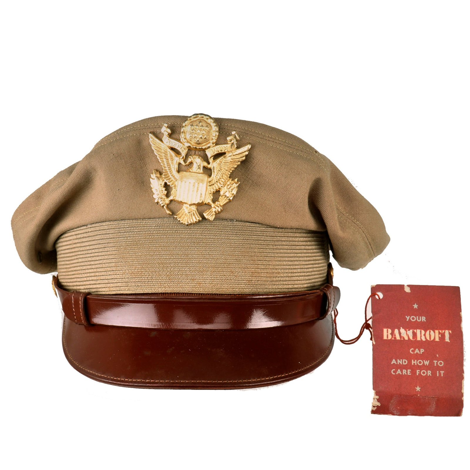 Buy Original U.S. Post-WWII / Korean War Officer Khaki Visor “Pak-Cap” By Bancroft with Original Tag - Size 7 3/8 | Original Firearms Antique For Sale