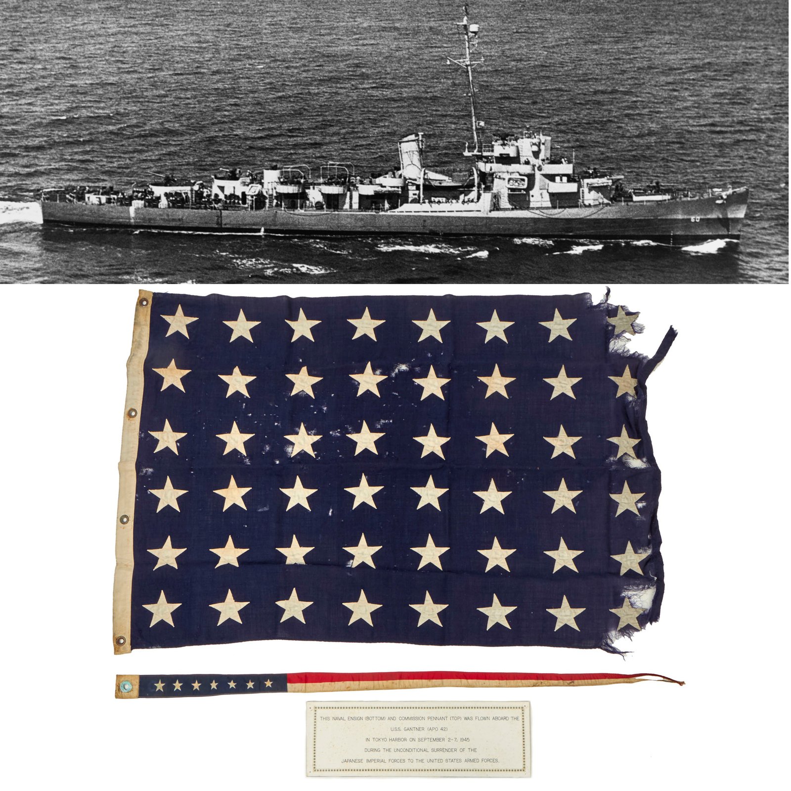 Buy Original U.S. WWII USS Gantner Naval Ensign & Commission Pennant Flown in Tokyo Harbor During Surrender of Japanese Forces on September 2-7th 1945 | Original Firearms Antique For Sale