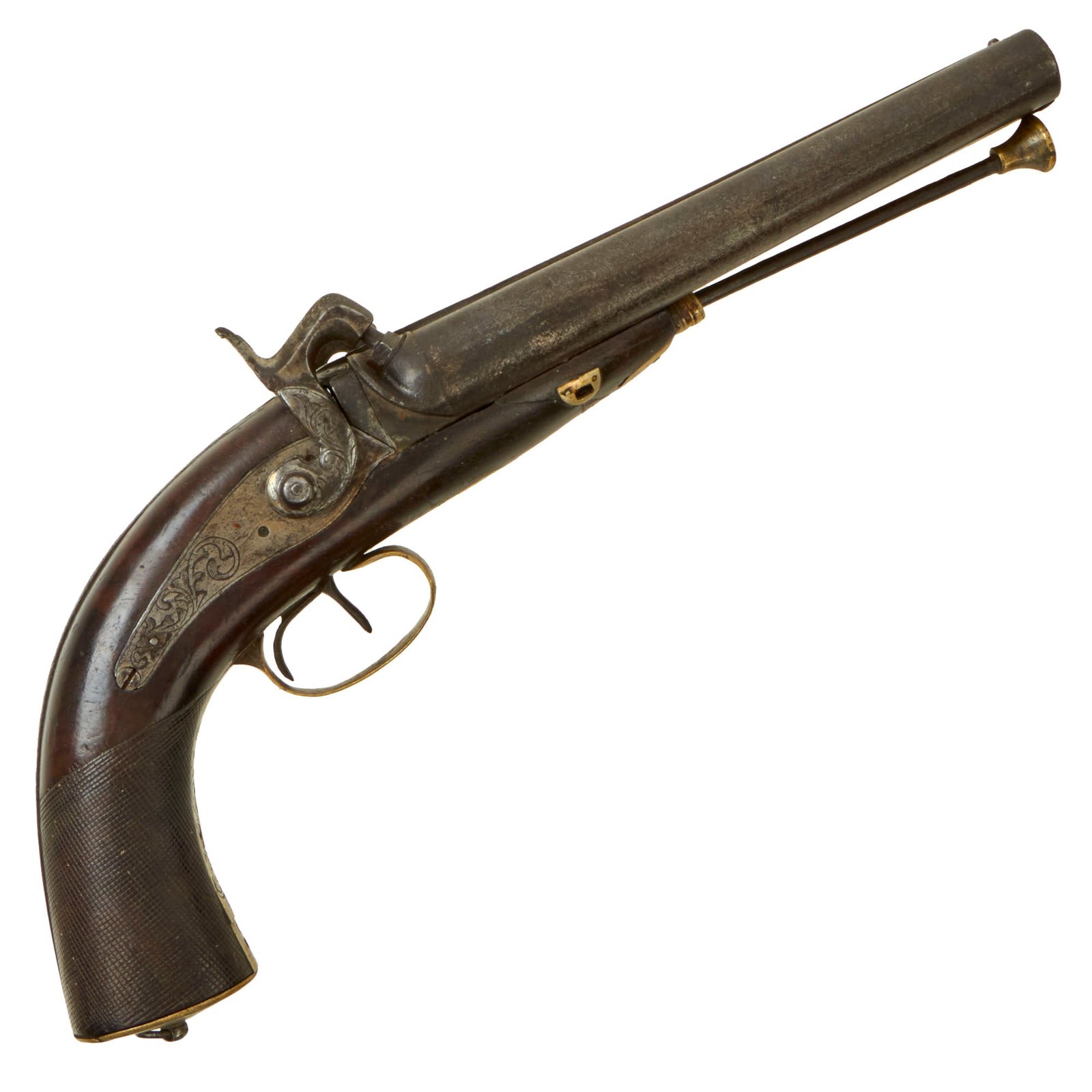 Buy Original Nickel Silver Mounted Double Barrel Howdah Percussion Pistol with Damascus Barrels - circa 1850 | Original Firearms Antique For Sale