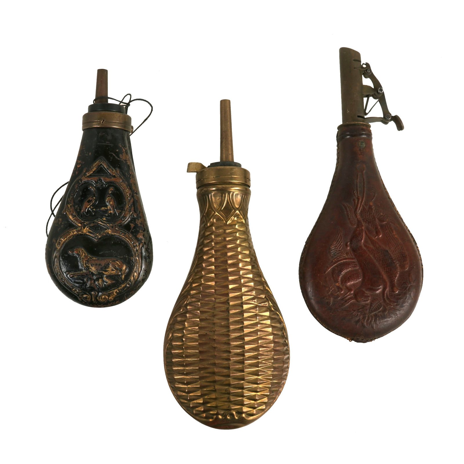 Buy Original U.S. Pre to Early Civil War Era Shot and Powder Flask Lot by AM Flask & Cap Co - 3 Items | Original Firearms Antique For Sale