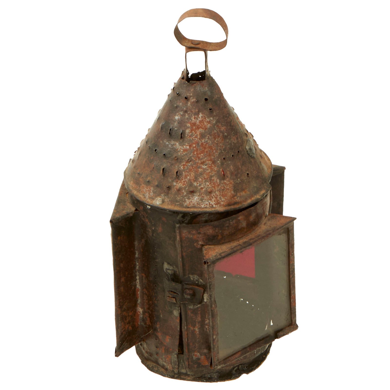 Buy Original U.S. Colonial Revolutionary War Era Punched Tin Ship’s Navigational Lantern with Multi-Color Glass Lenses - 1750s | Original Firearms Antique For Sale