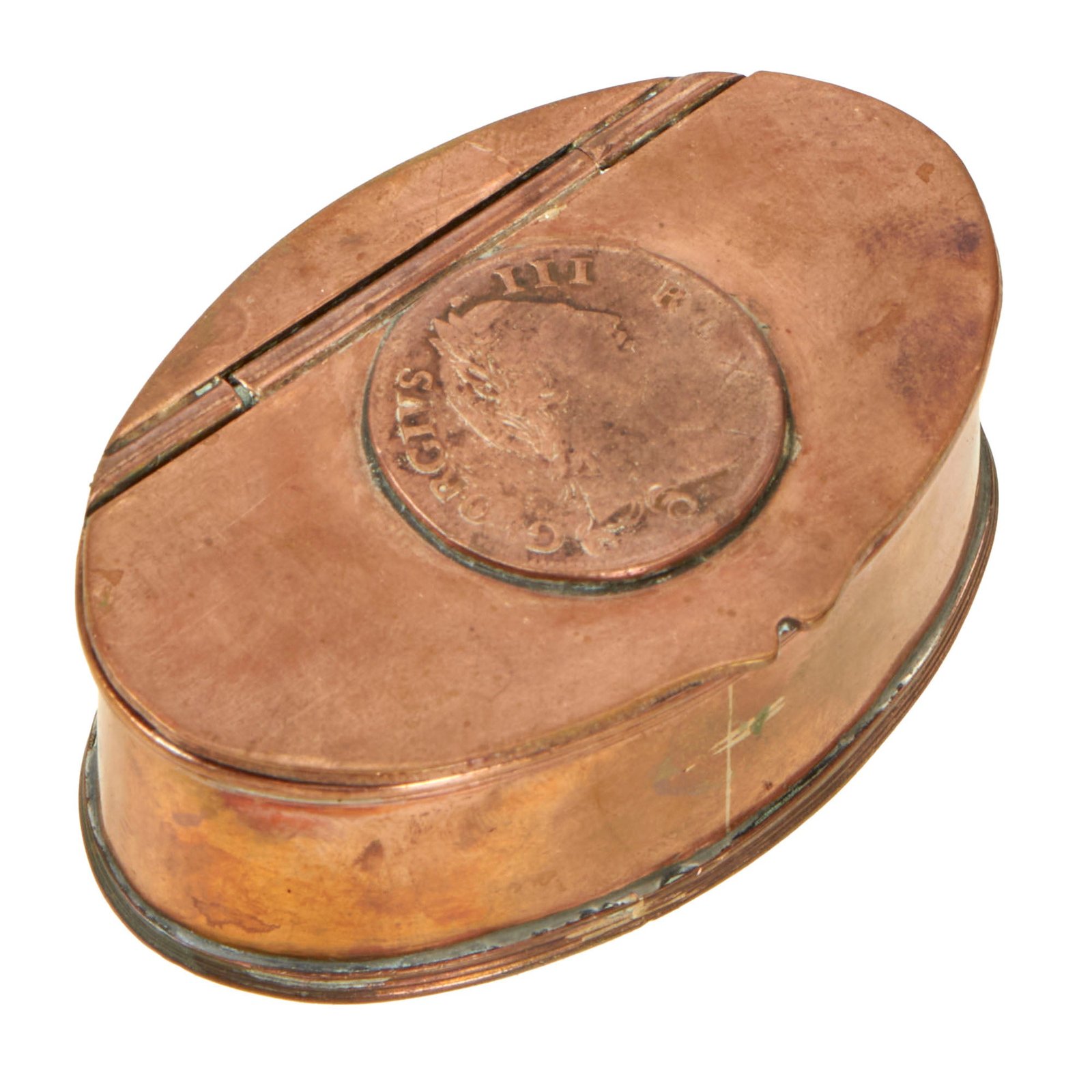 Buy Original British Revolutionary War Era Silver-Plated Copper Tinder Box with George III Coin | Original Firearms Antique For Sale