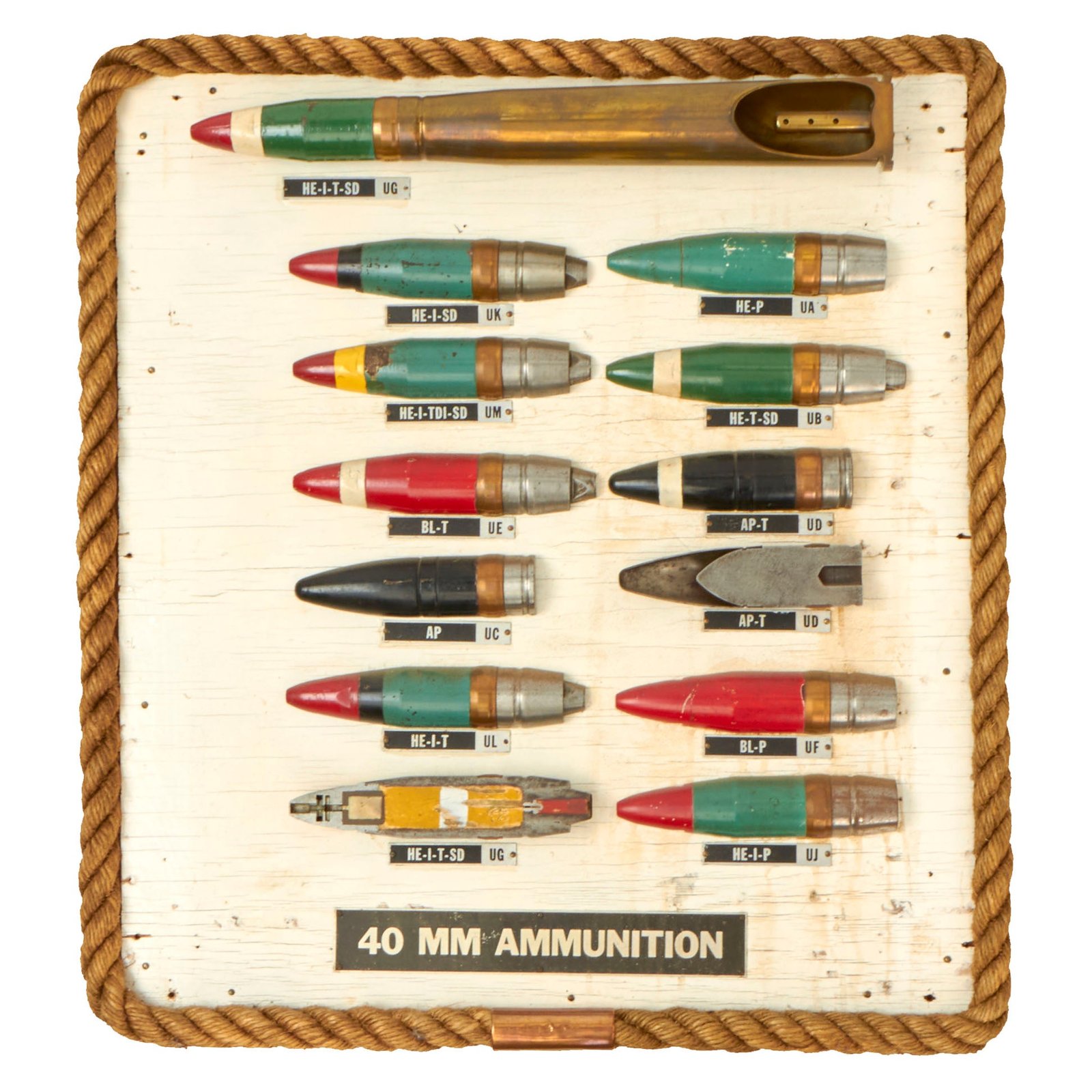 Buy Original U.S. WWII Inert Navy BOFORS 40mm Ammunition Ordnance Display Board - Dated 1944 - 23¼ x 25¾” | Original Firearms Antique For Sale