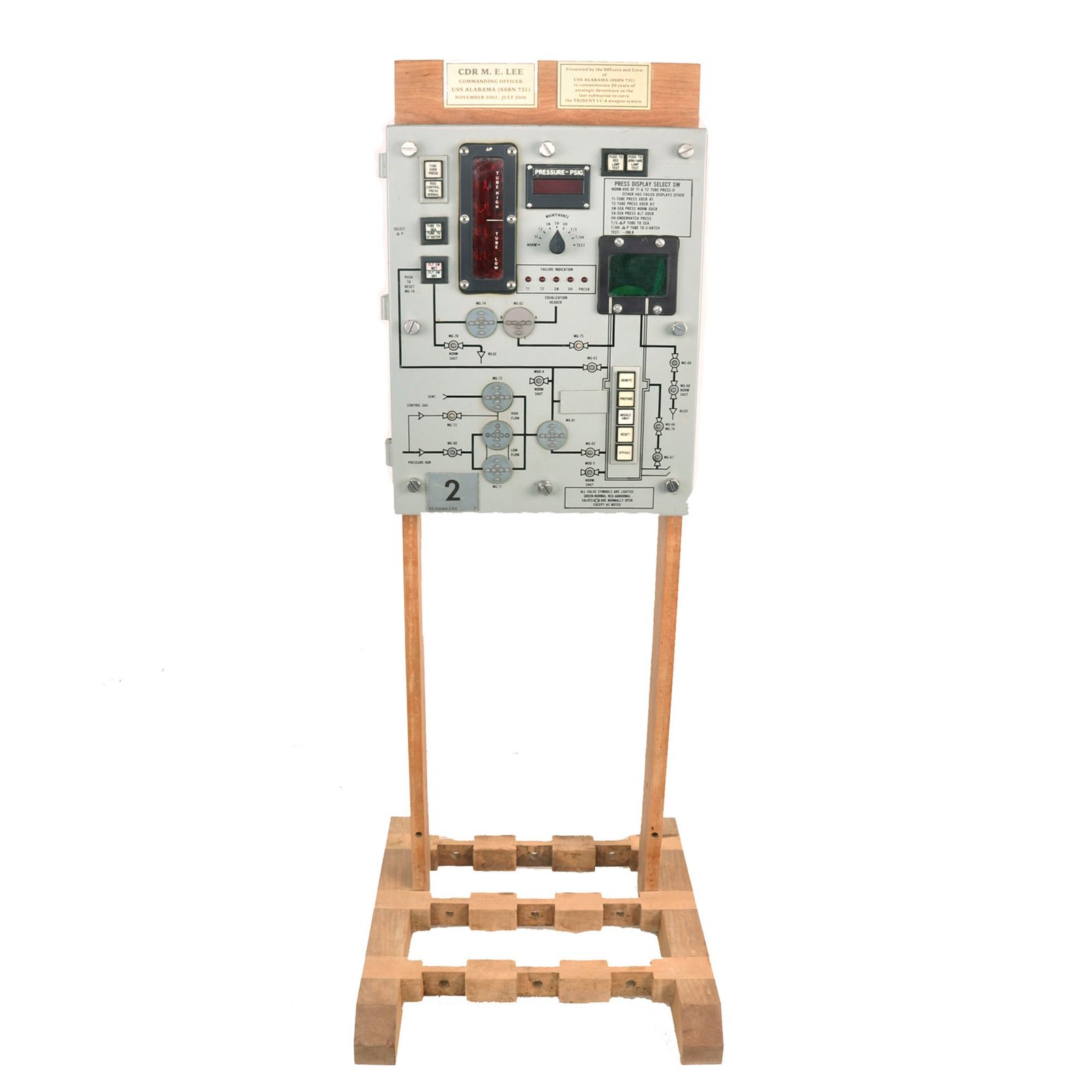 Buy Original U.S. Nuclear Submarine Missile Launch Control Panel from the USS Alabama SSBN-731 Mounted on Base Made from Submarine Battery Rack - Last Submarine to Carry Trident I C-4 Weapon System | Original Firearms Antique For Sale