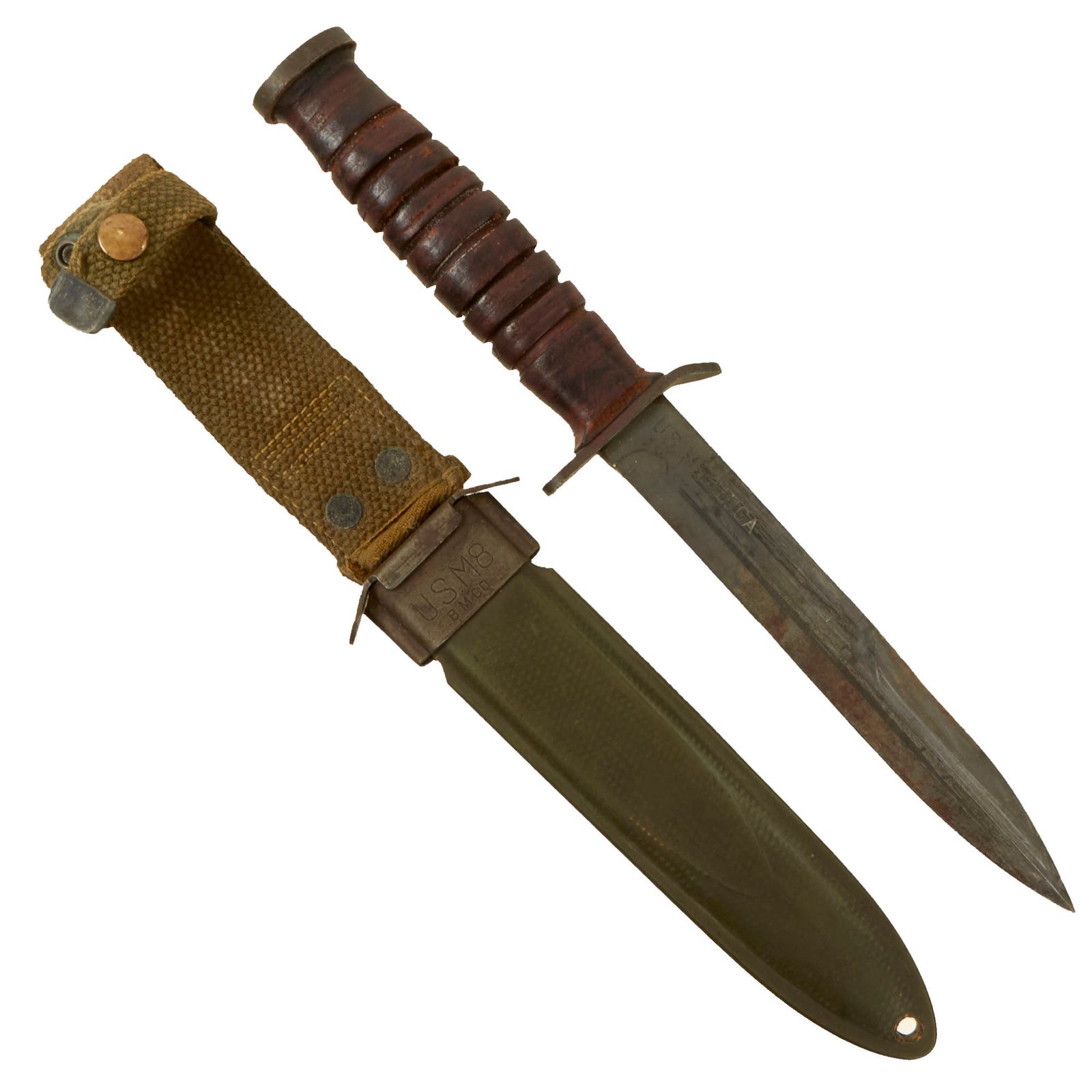 Buy Original U.S. WWII Blade Marked M3 Fighting Knife by UTICA Cutlery Co. with M8 Scabbard by B.M. Co | Original Firearms Antique For Sale