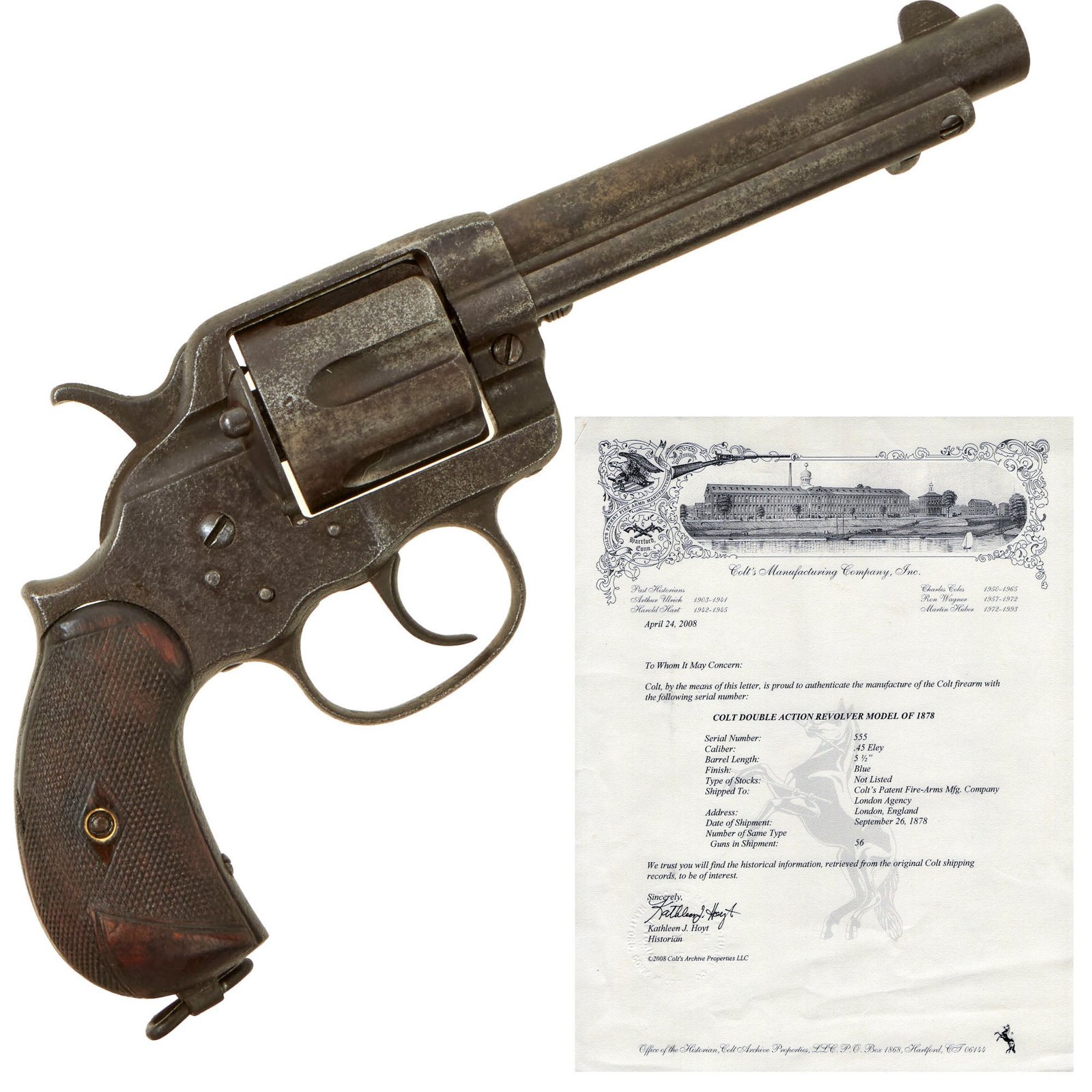 Buy Original Scarce U.S. Colt Model 1878 British Pall Mall Address .45 Eley Revolver with 5 ½" Barrel and Factory Letter made in 1878 - Serial 555 | Original Firearms Antique For Sale