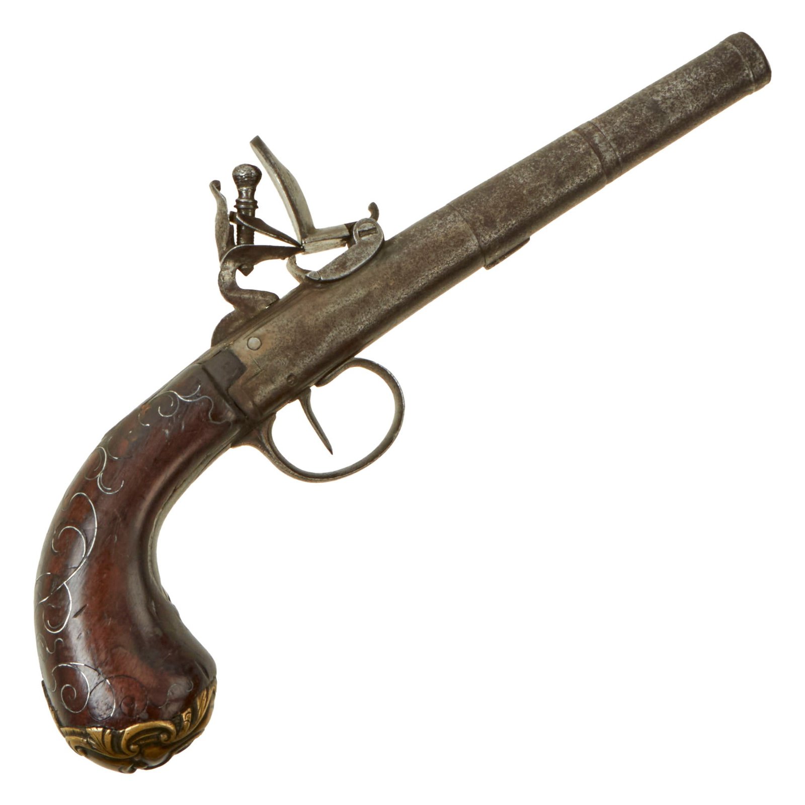 Buy Original 18th Century English Queen Anne Flintlock Pistol with Silver Wire Inlaid Grip and Grotesque Butt Cap | Original Firearms Antique For Sale