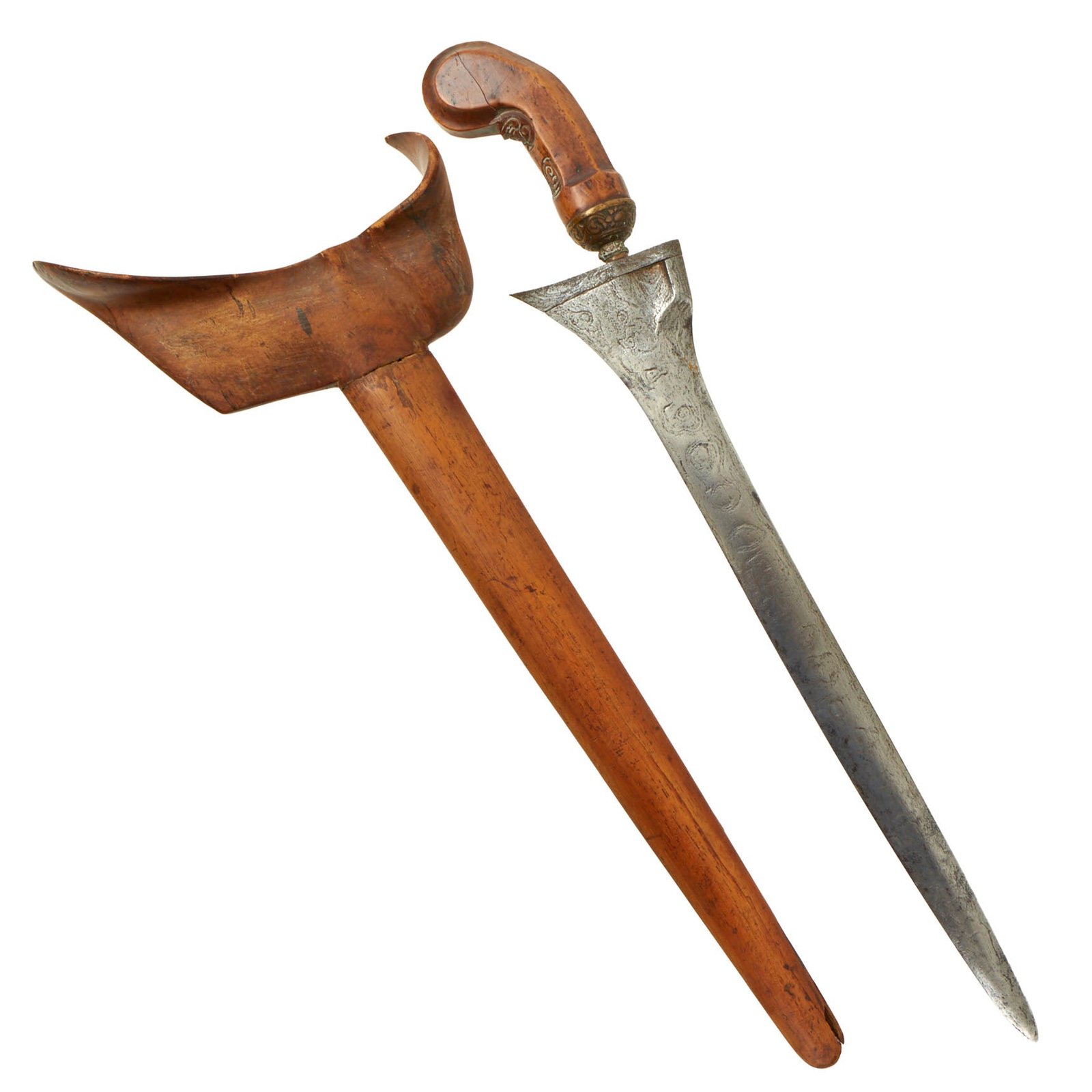 Buy Original 19th Century Philippine Moro Kris Straight Blade Long Knife with Wood Scabbard - Kalis | Original Firearms Antique For Sale